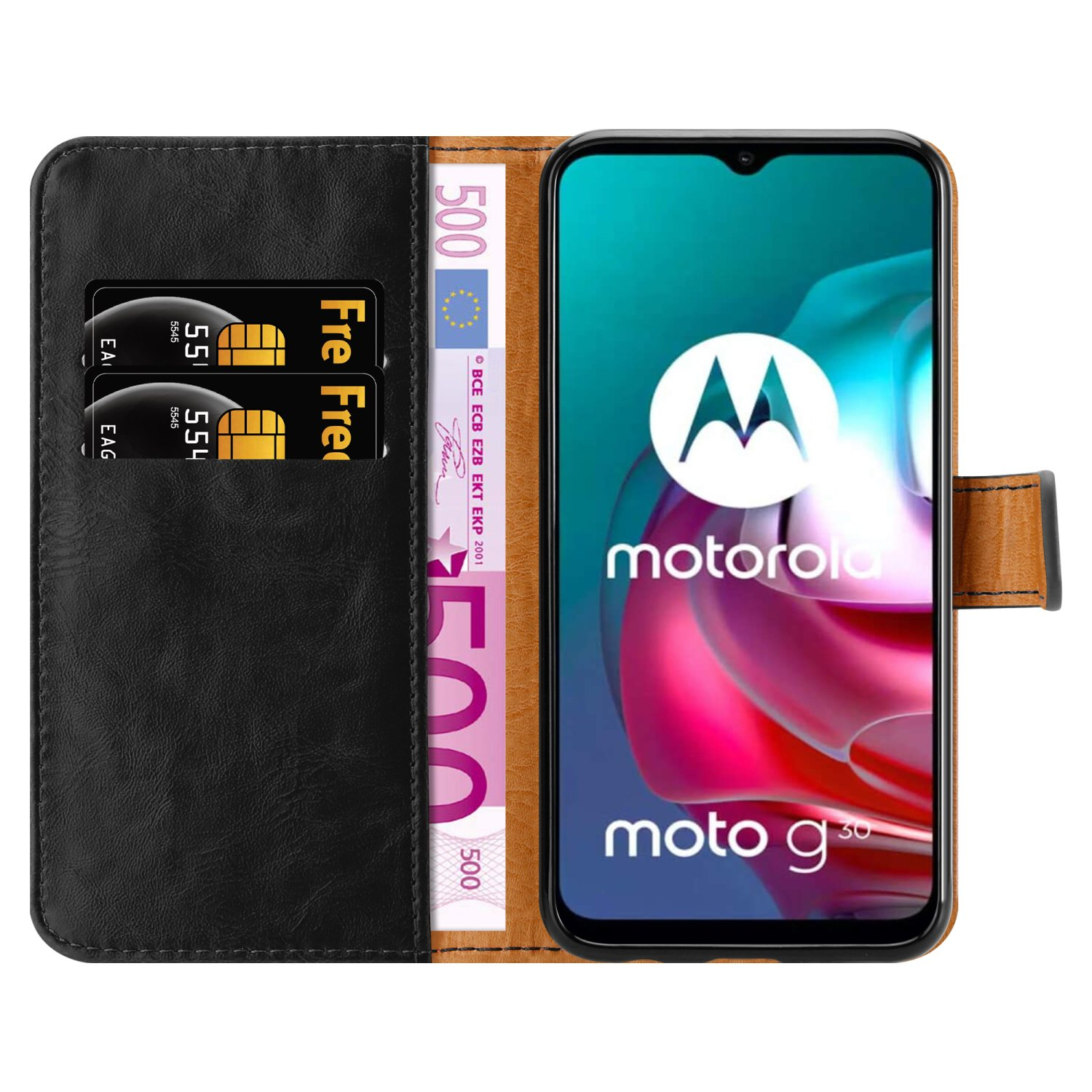Custodia per telefono nera e marrone aperta, che mostra carte, denaro e telefono.