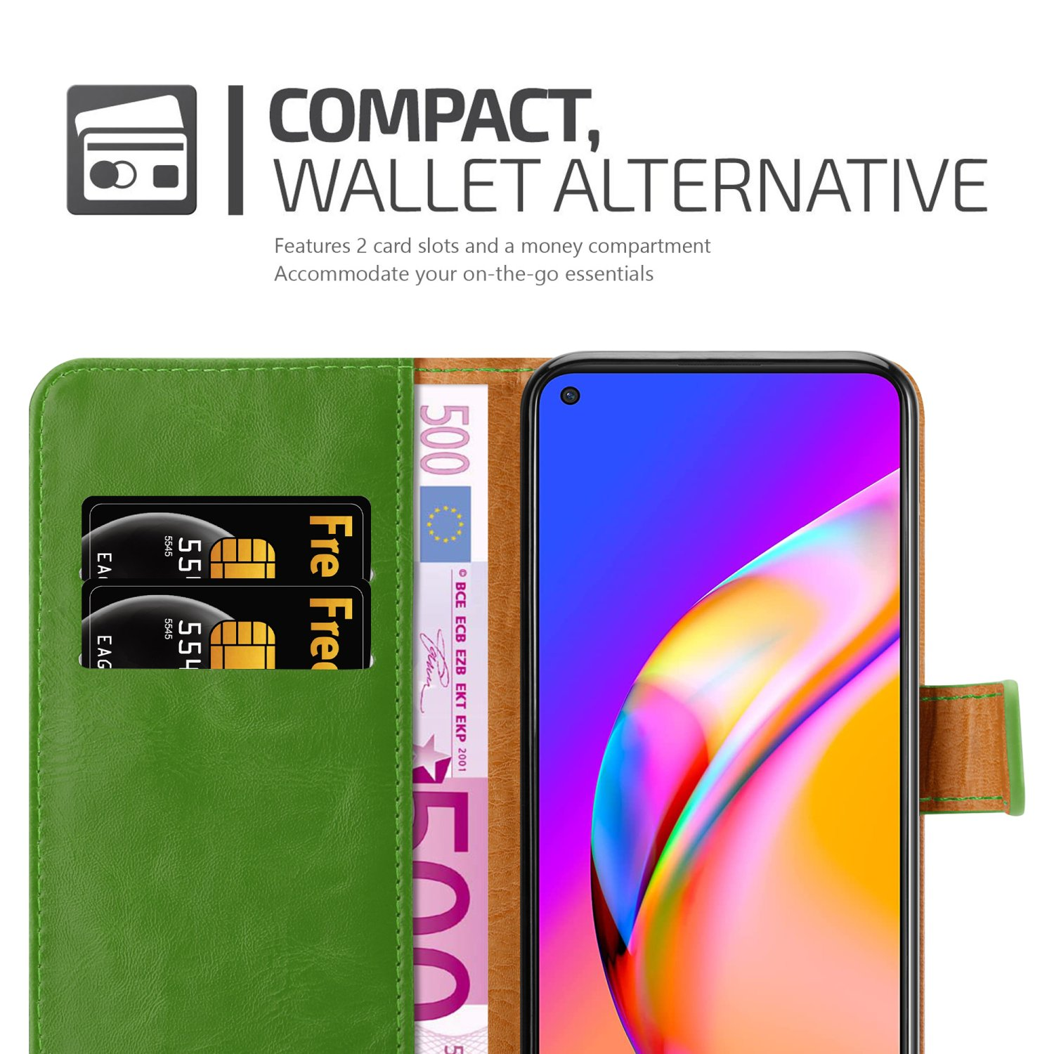 Custodia a portafoglio verde aperta, che mostra carte, denaro e un telefono. Alternativa compatta al portafoglio.