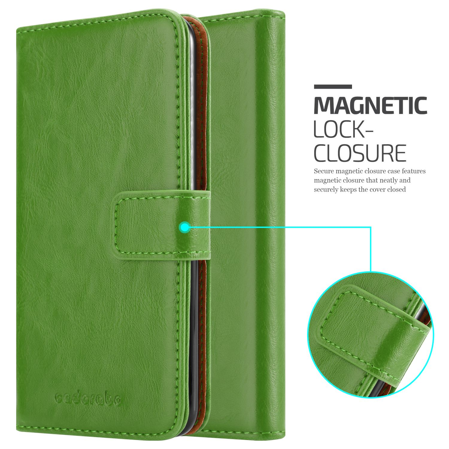Grüne Handyhülle mit Magnetverschluss, mit geöffnetem Deckel. Ein Diagramm zeigt den Magnetverschluss.