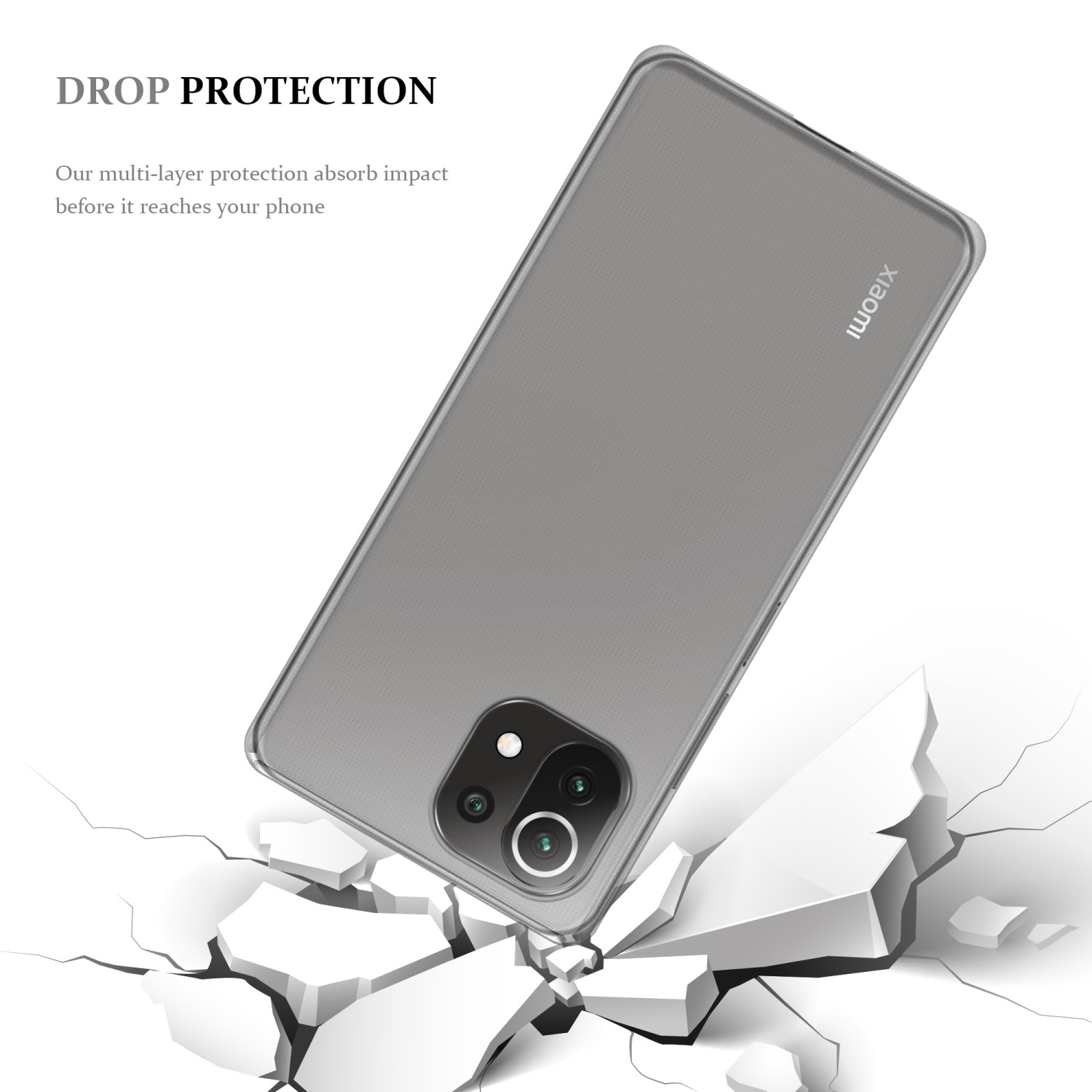 Transparente Handyhülle auf weißer Oberfläche. Die Handyhülle ist grau, mit einem Telefon darin.