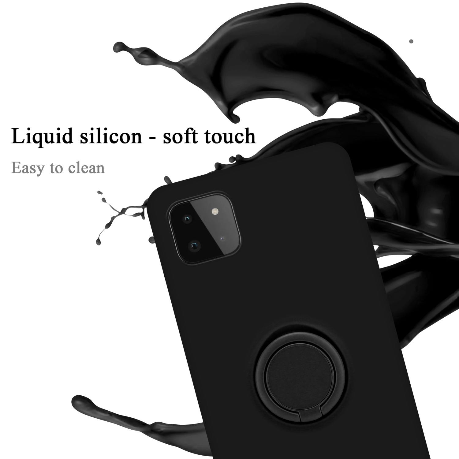Custodia nera per telefono con telefono, con effetto spruzzo di vernice e un anello. Testo: silicone liquido - tocco morbido.