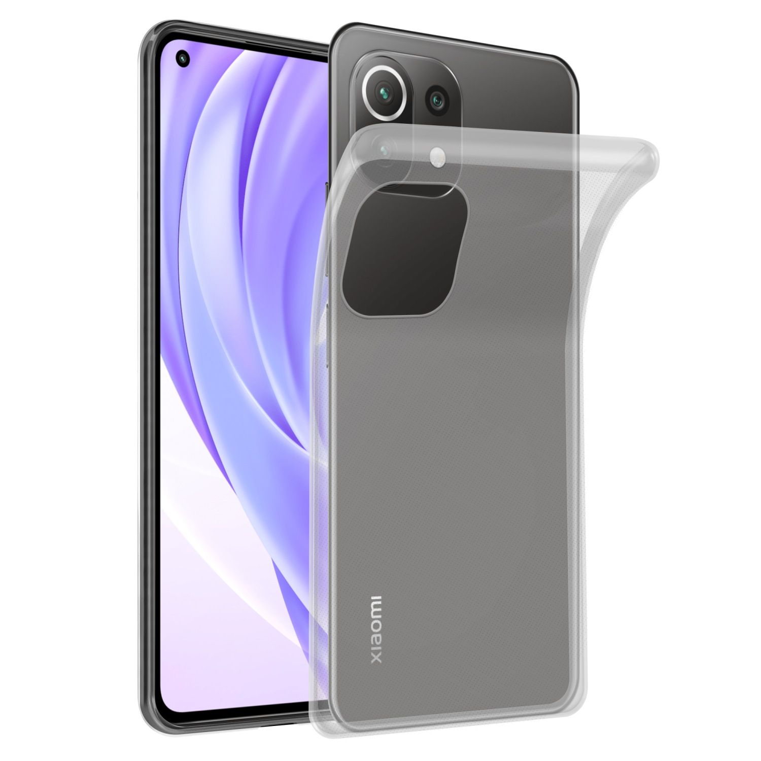 Eine transparente Handyhülle mit einem Telefon im Inneren. Das Telefon ist schwarz und grau. Xiaomi-Logo ist sichtbar.