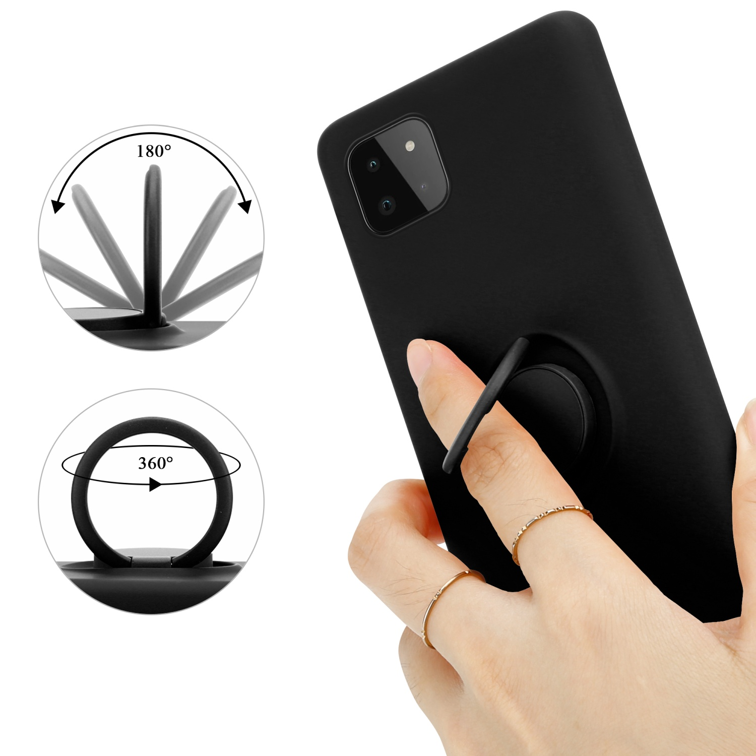 Custodia per telefono nera con anello. La custodia ha un anello che ruota di 360 e 180 gradi.