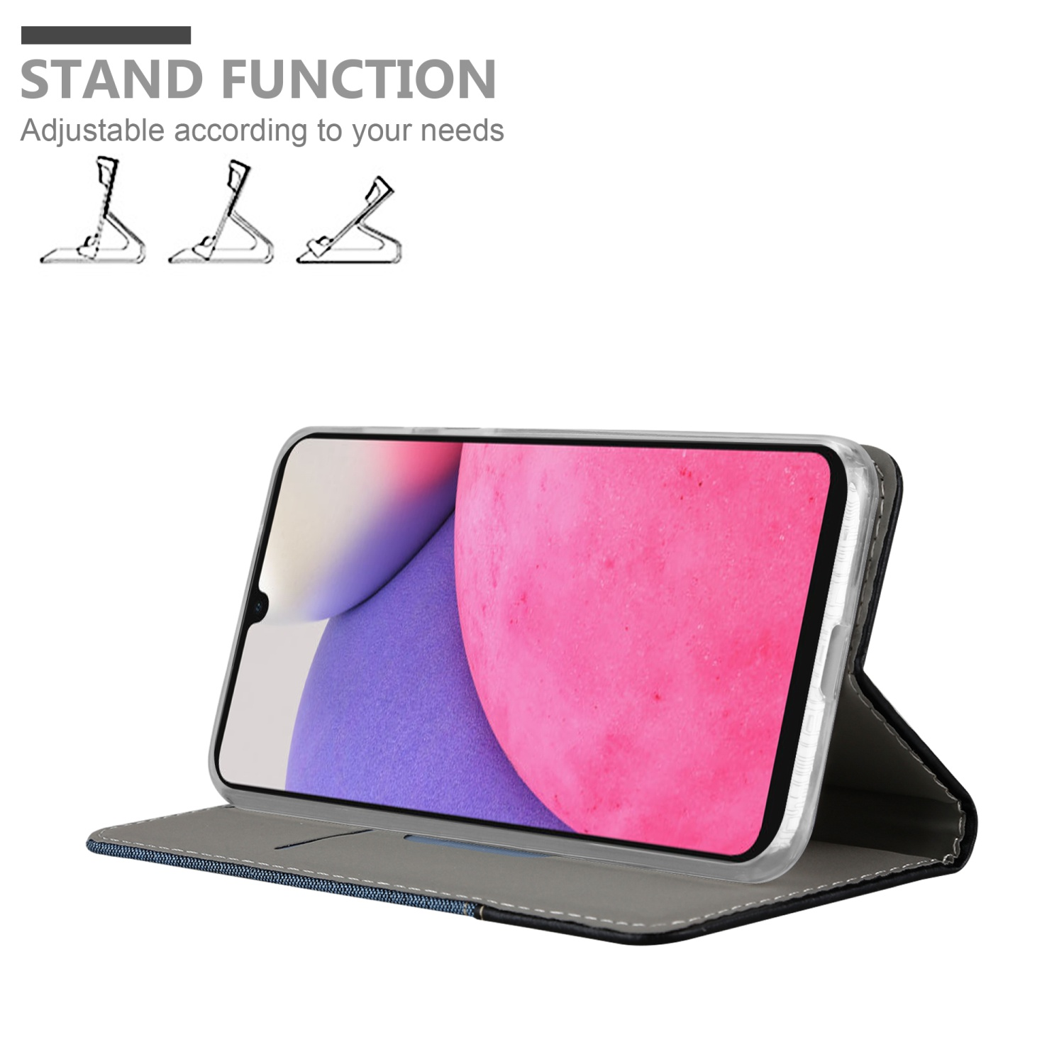 Telefon in einer Hülle, geöffnet, um den Bildschirm anzuzeigen. Symbole für die Standfunktion im Hintergrund, die verschiedene Positionen zeigen.