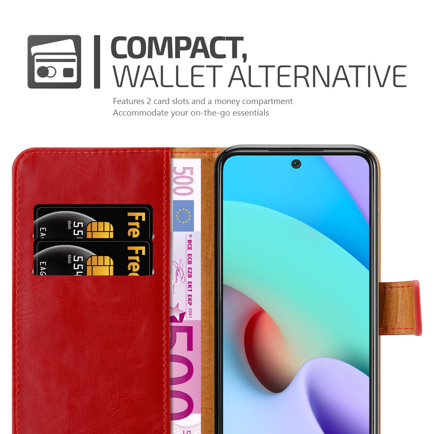 Custodia del telefono aperta, rivela un telefono e uno slot per due carte e denaro. Custodia rossa con dettagli marroni.