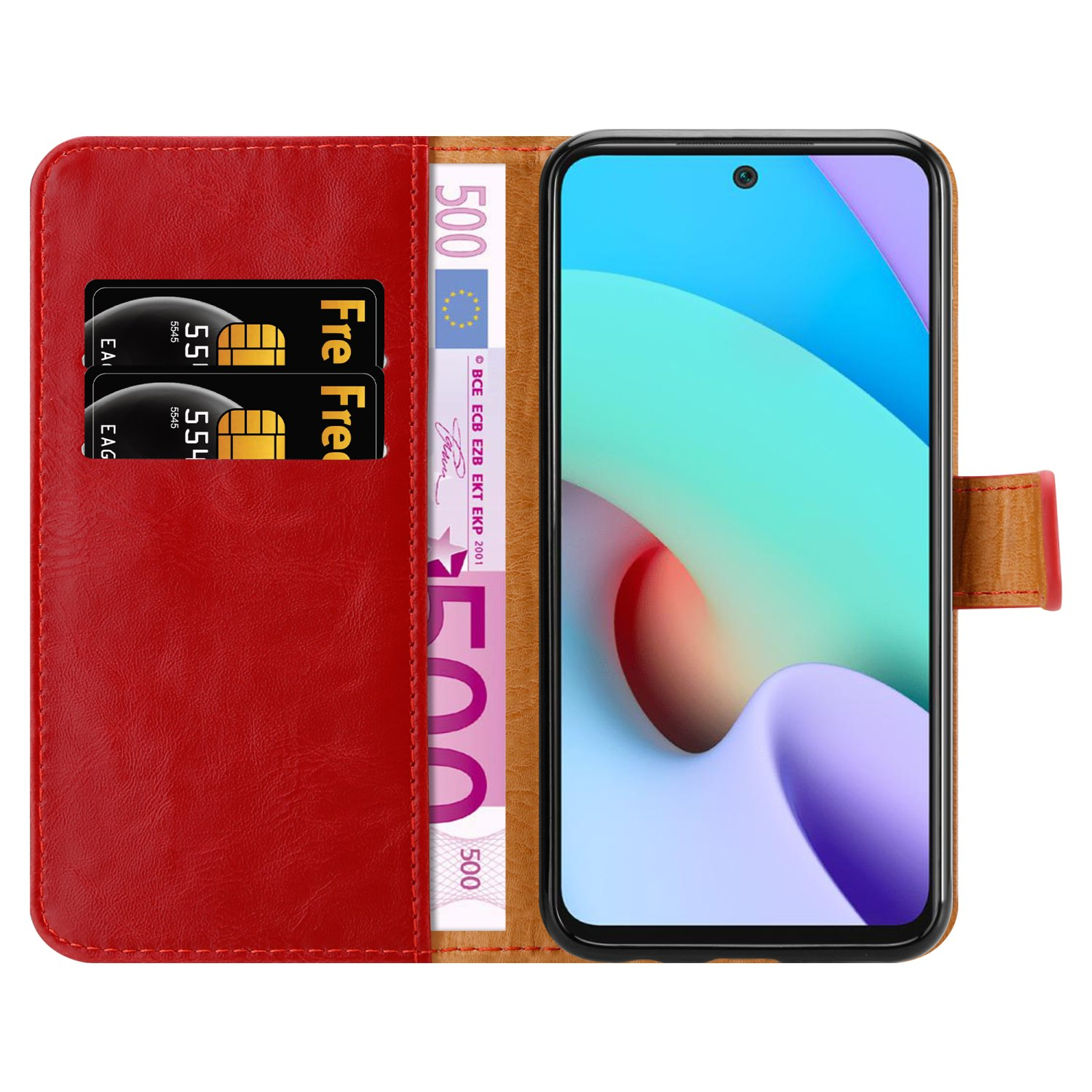 Portafoglio rosso per telefono con un telefono all'interno. Carte di credito e denaro visibili.