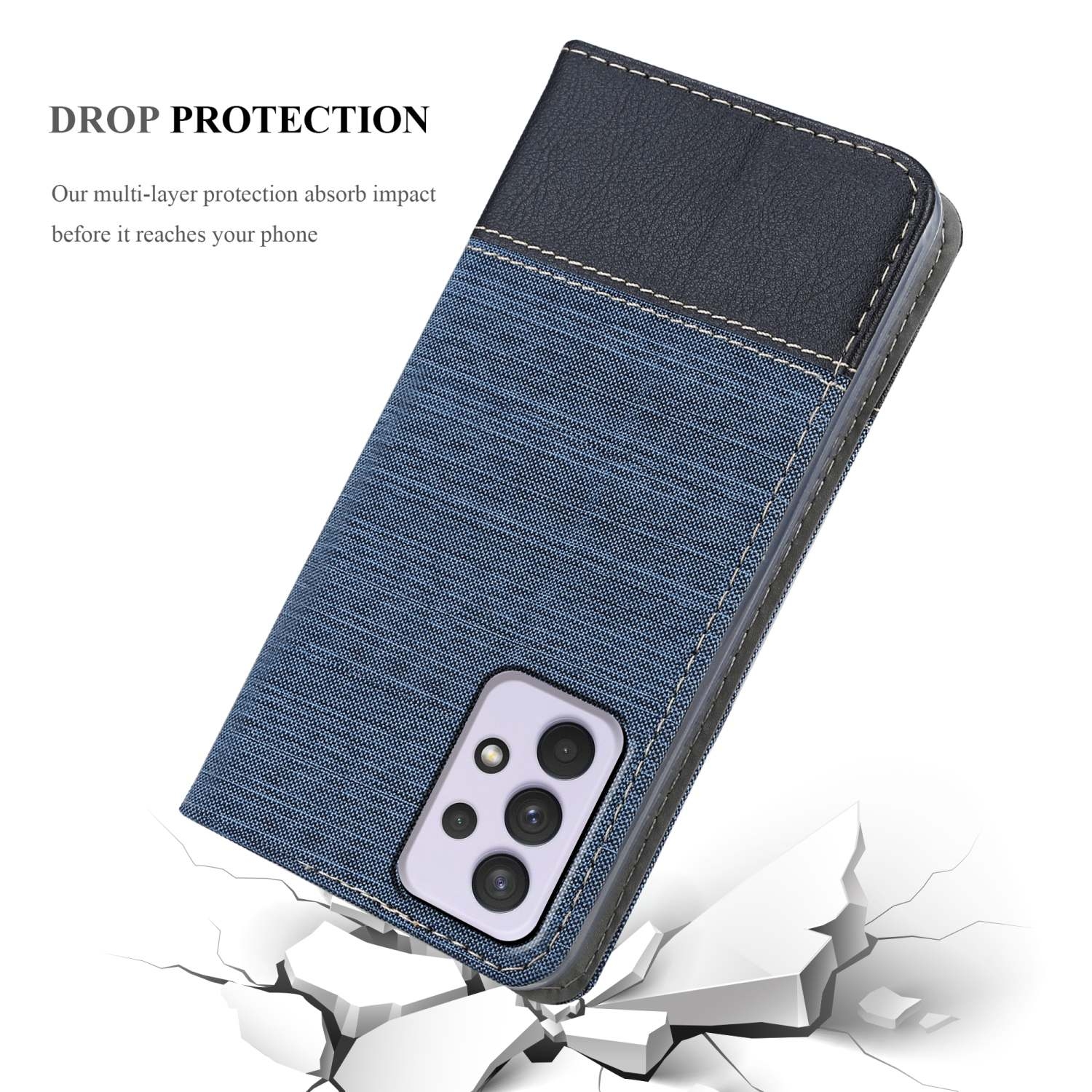 Eine Handyhülle mit blauem Denim und schwarzem Leder. Sie liegt auf einer Oberfläche, die auseinanderzubrechen scheint.
