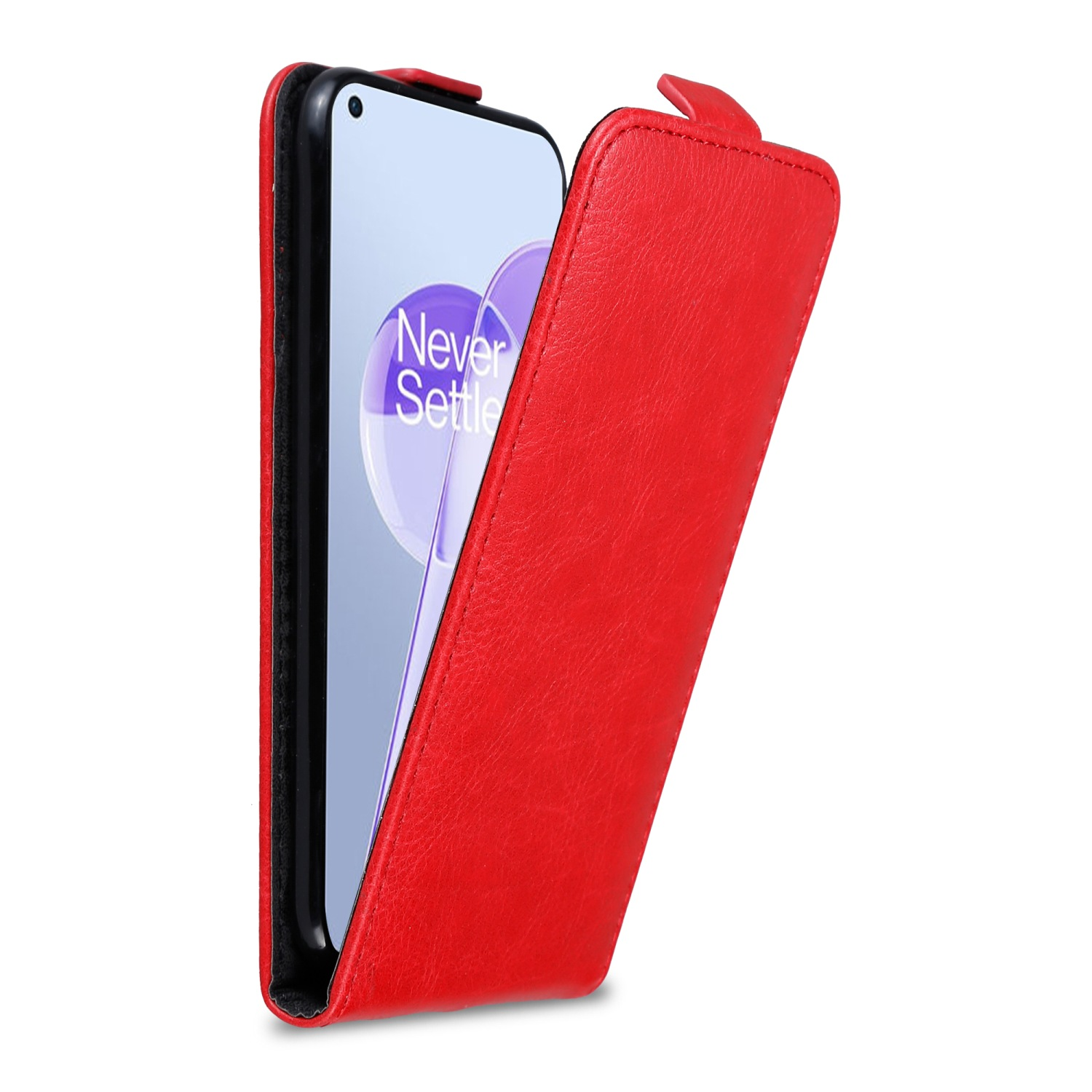 Custodia per telefono rossa, aperta, con un telefono all'interno. Il telefono ha uno schermo con le parole Never Settle.
