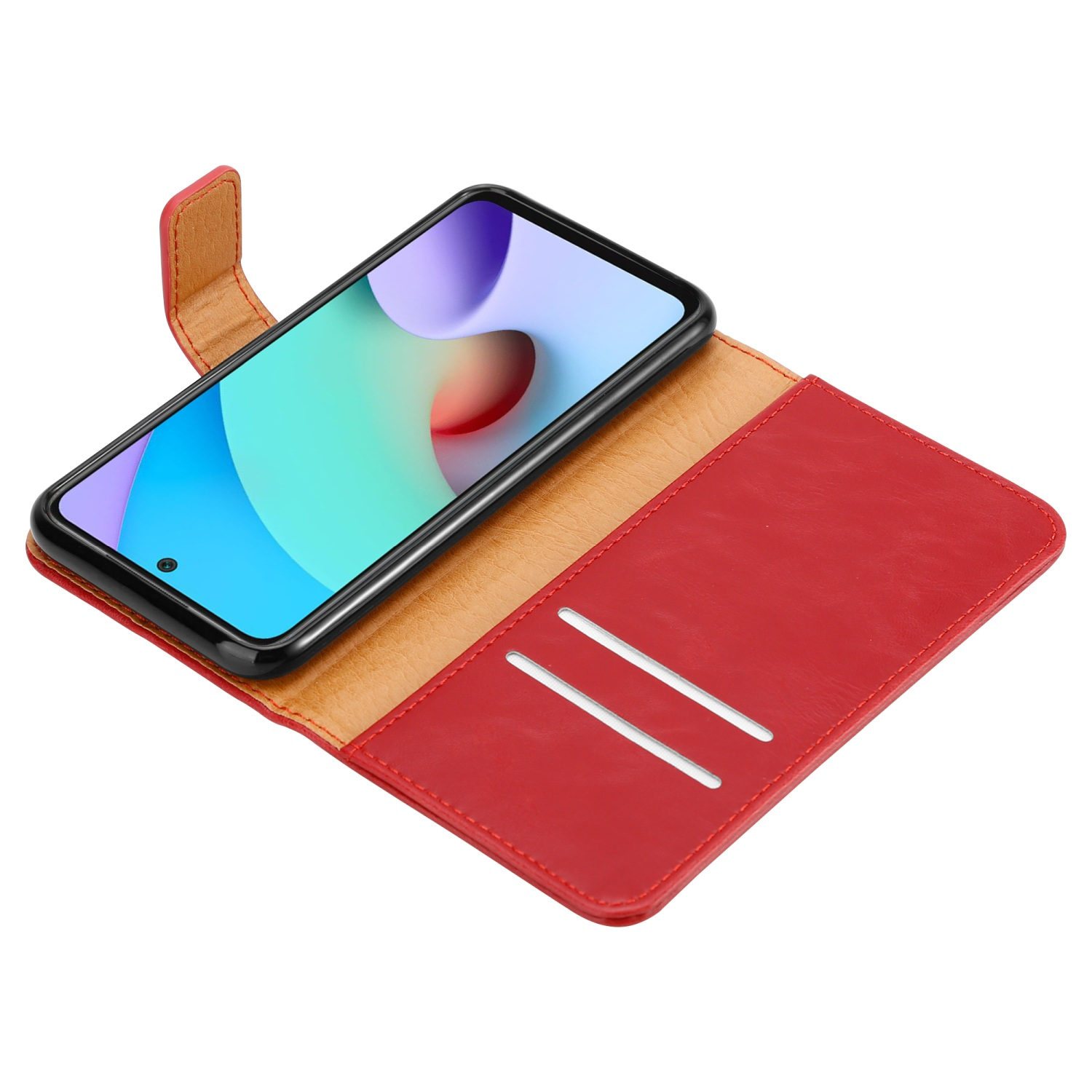 Custodia rossa per telefono aperta con un telefono all'interno. La custodia ha fessure per carte. Lo sfondo è bianco.