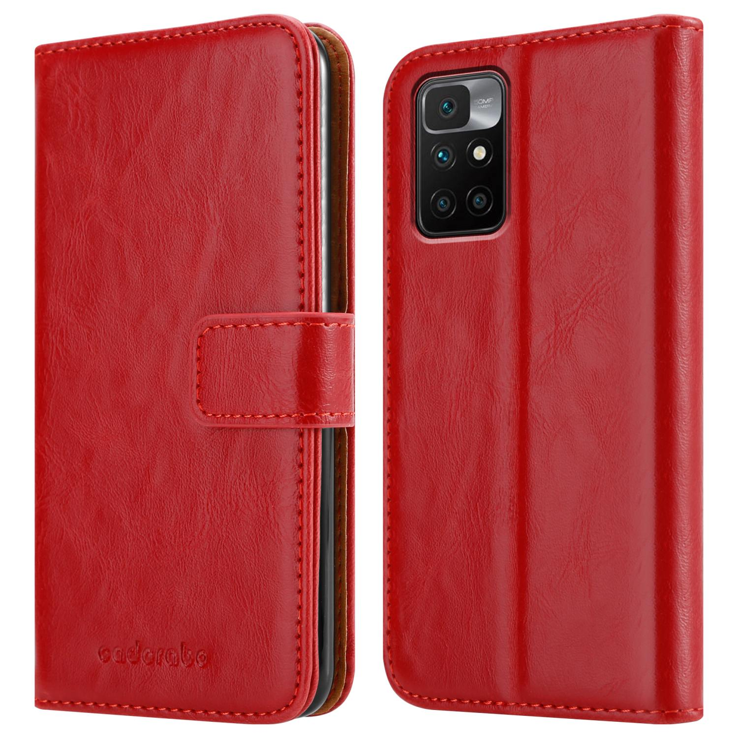 Custodia rossa per telefono, aperta e chiusa, che mostra il telefono all'interno. La custodia è rossa.