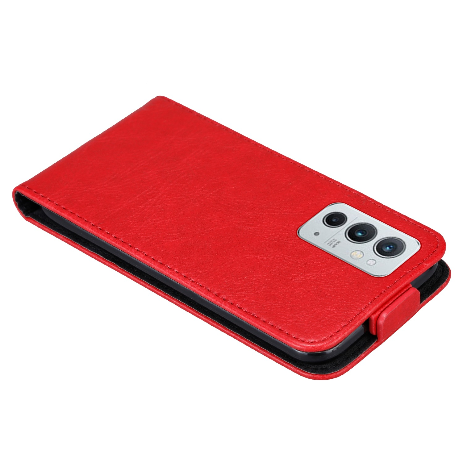 Custodia per telefono rossa con un ritaglio per tripla fotocamera, interno nero e un telefono in posizione. Sfondo bianco.