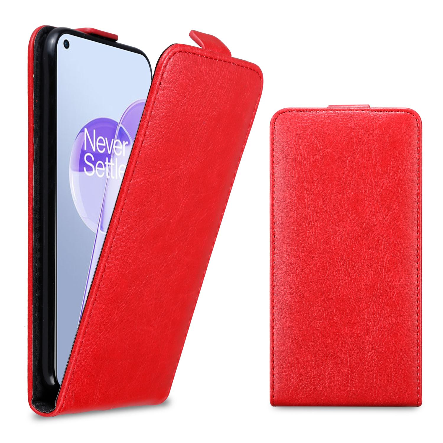 Custodia rossa aperta, rivelando un telefono. Il telefono mostra le parole 'Never Settle'.