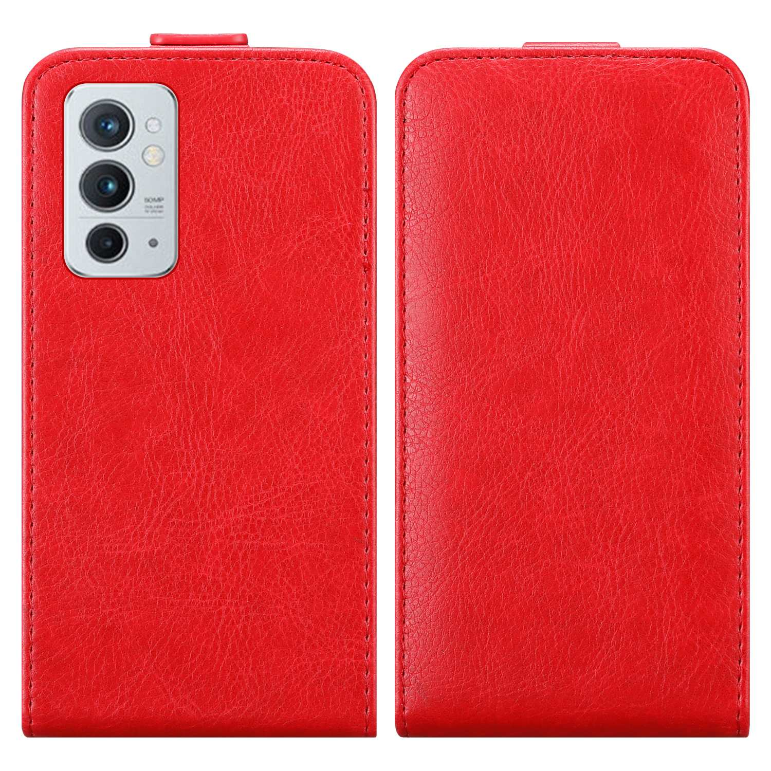 Custodia per telefono rossa, vista anteriore e posteriore. Il lato anteriore ha un foro per la fotocamera.