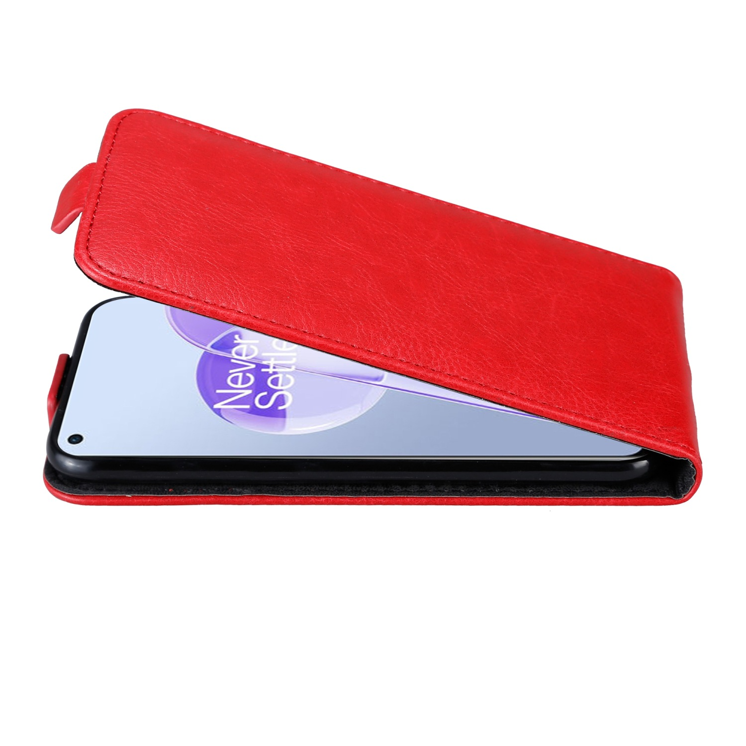 Custodia rossa. Il telefono è all'interno della custodia. La cover è aperta.