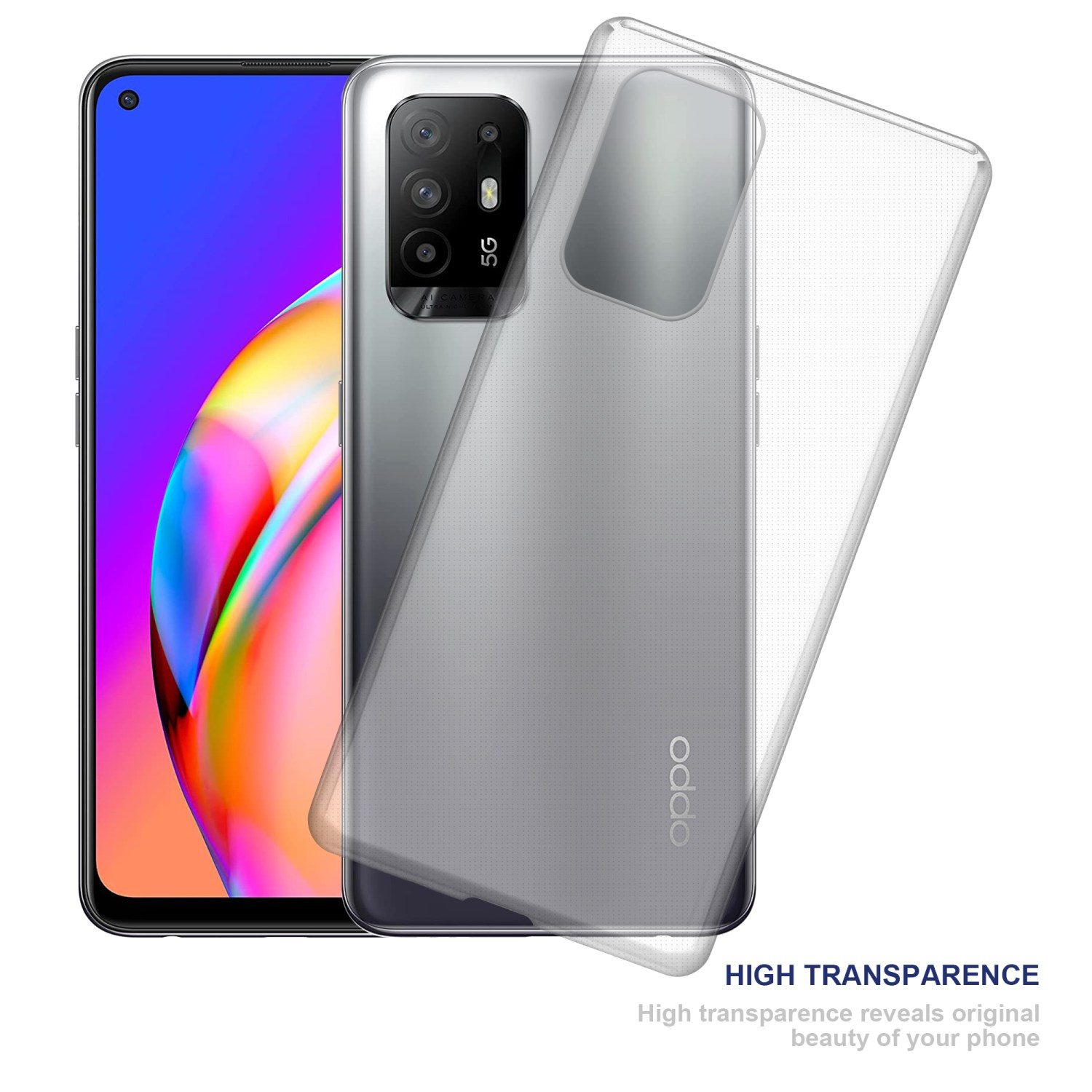 Custodia trasparente su un telefono. Il testo dice "High Transparency". Telefono sullo sfondo.