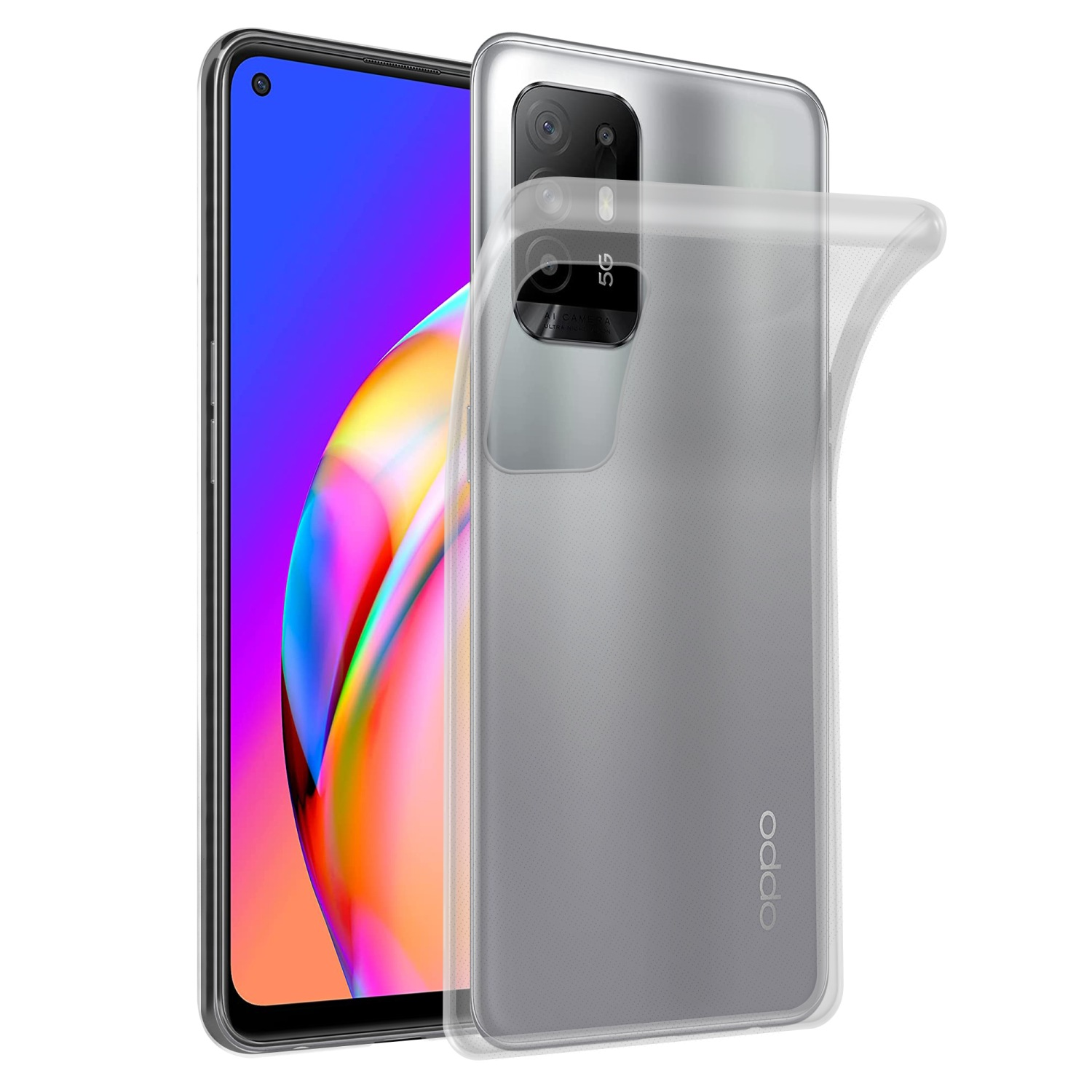 Un telefono con una cover trasparente. Il telefono è argentato. Lo sfondo è bianco.