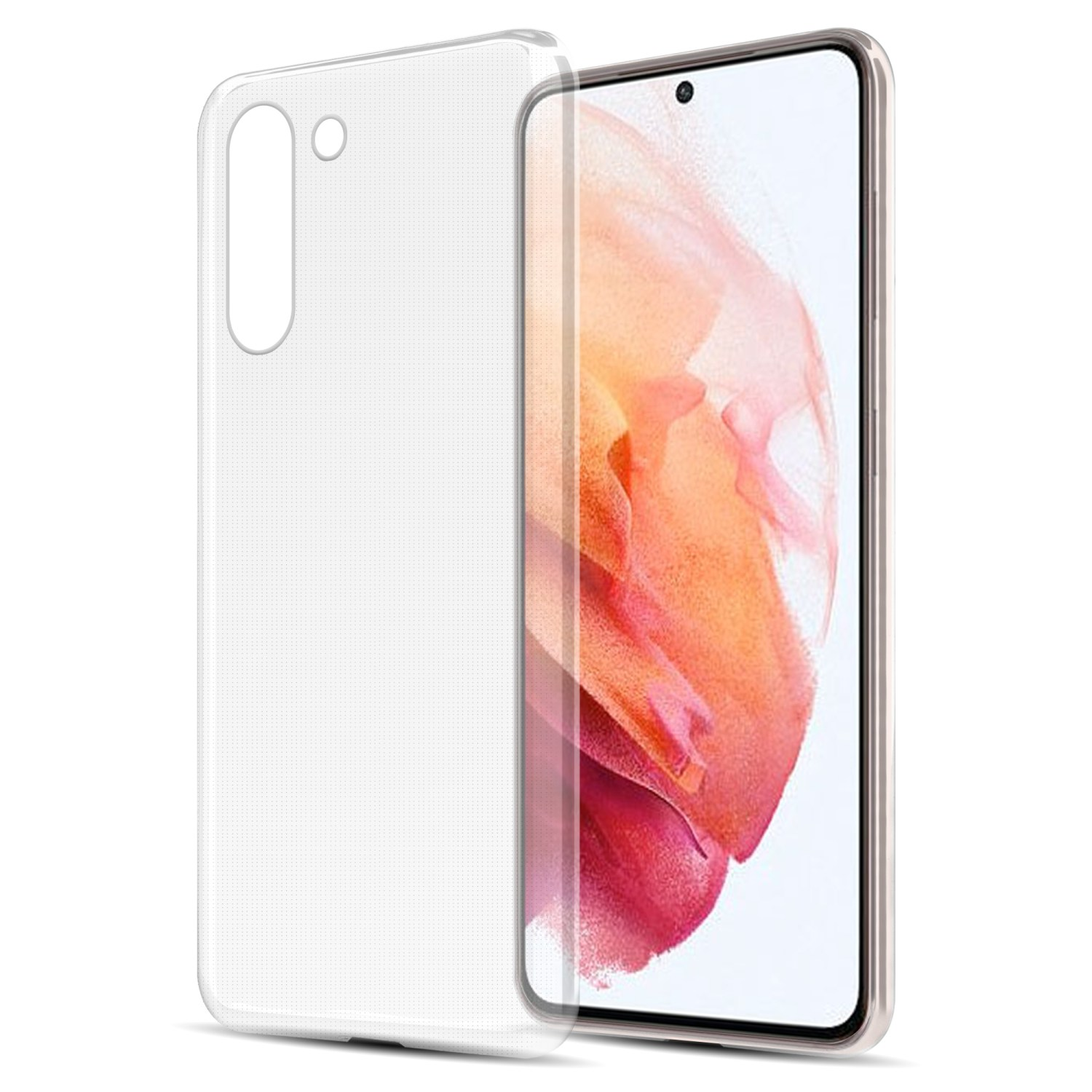 Klare Handyhülle auf dem Telefon. Die Hülle ist transparent. Weißer Hintergrund.