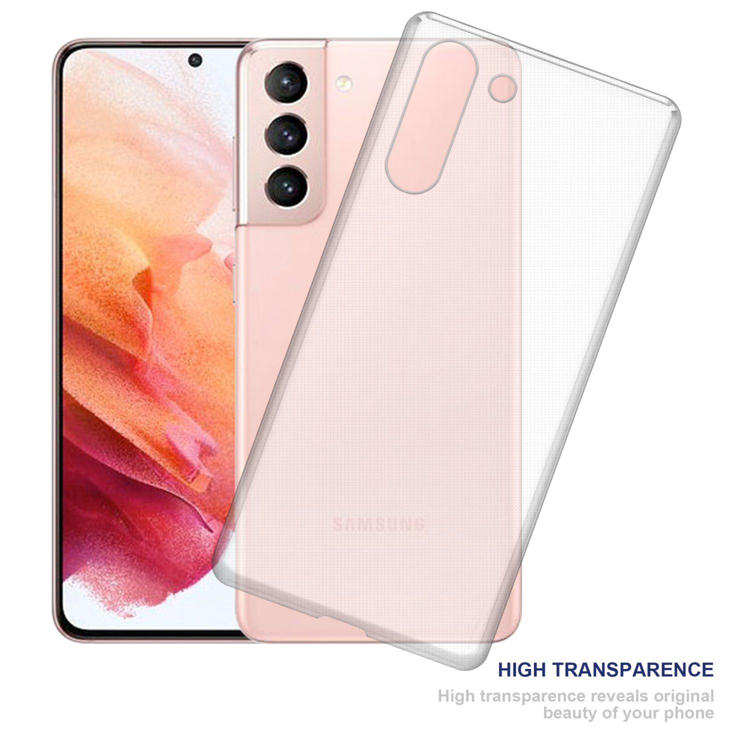 Une coque de téléphone transparente sur un téléphone rose, le téléphone a trois caméras.