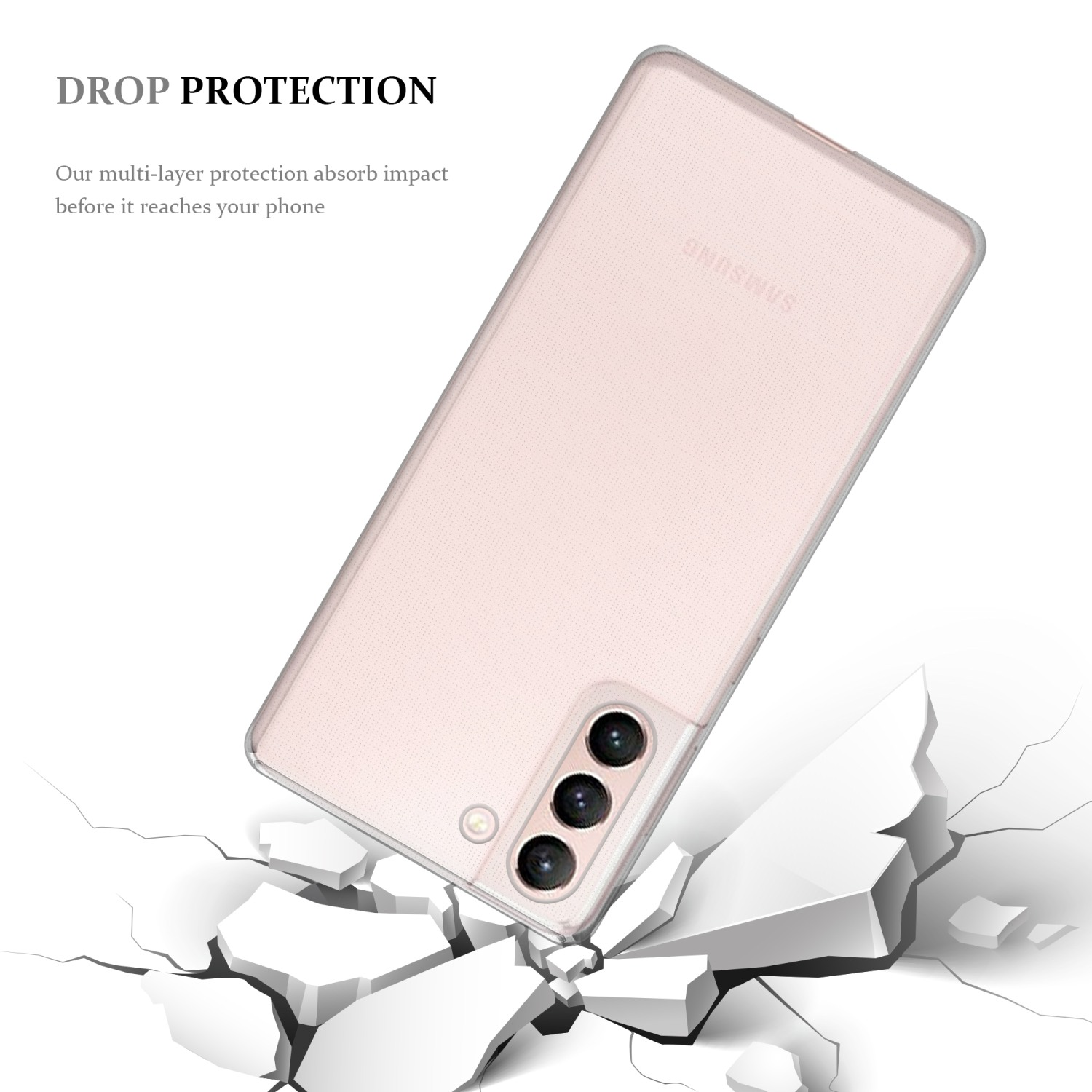 Ein rosa Telefon in einer durchsichtigen Hülle, fallen gelassen, mit Rissen, die den Aufprall anzeigen.