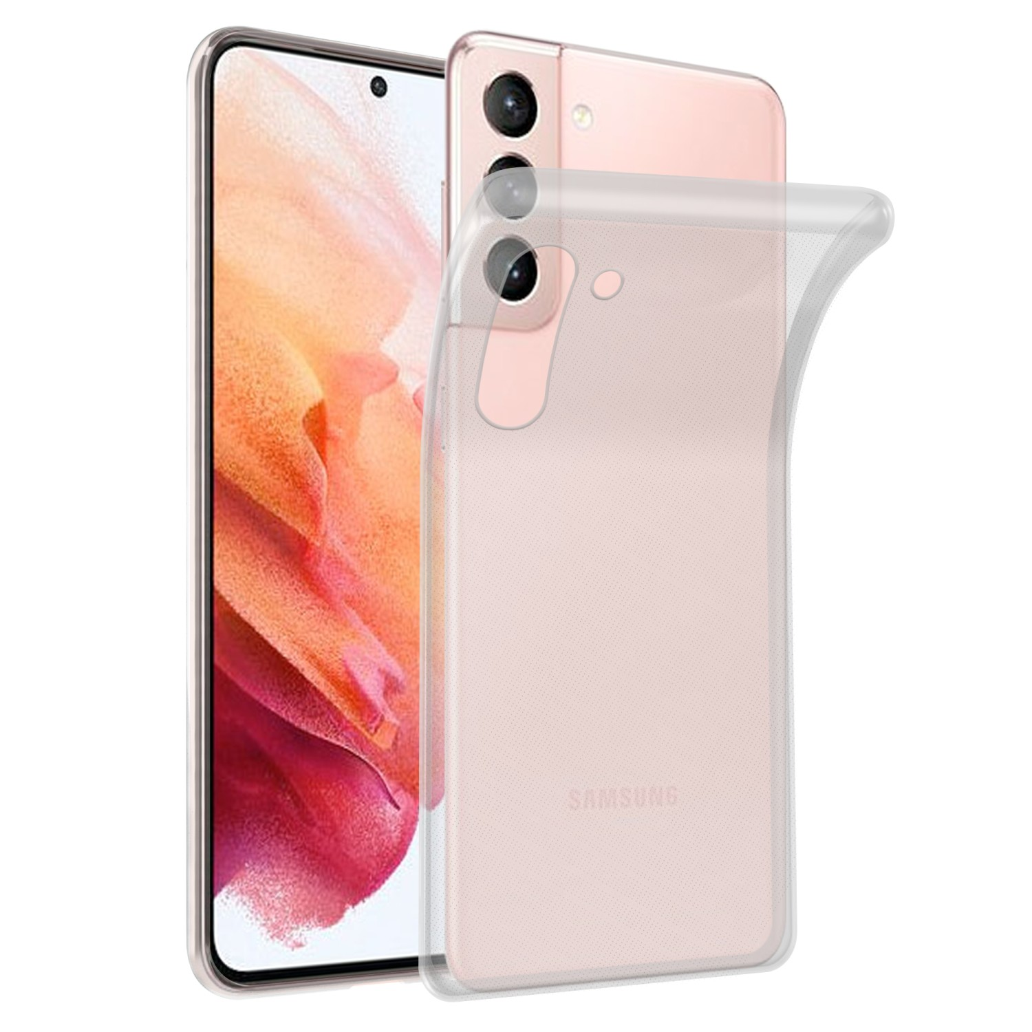 Telefon in einer durchsichtigen Hülle. Das Telefon ist rosa und die Rückseite der Hülle ist zu sehen.