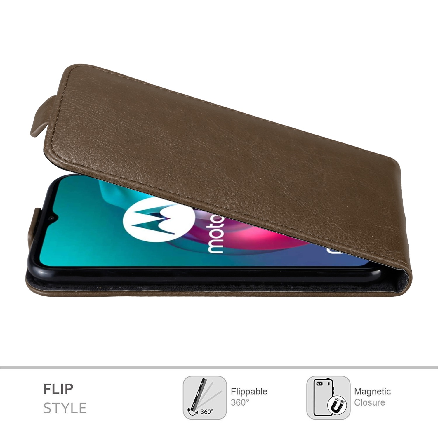 Braune Flip-Handyhülle, offen, zeigt einen Bildschirm mit einem Logo.
