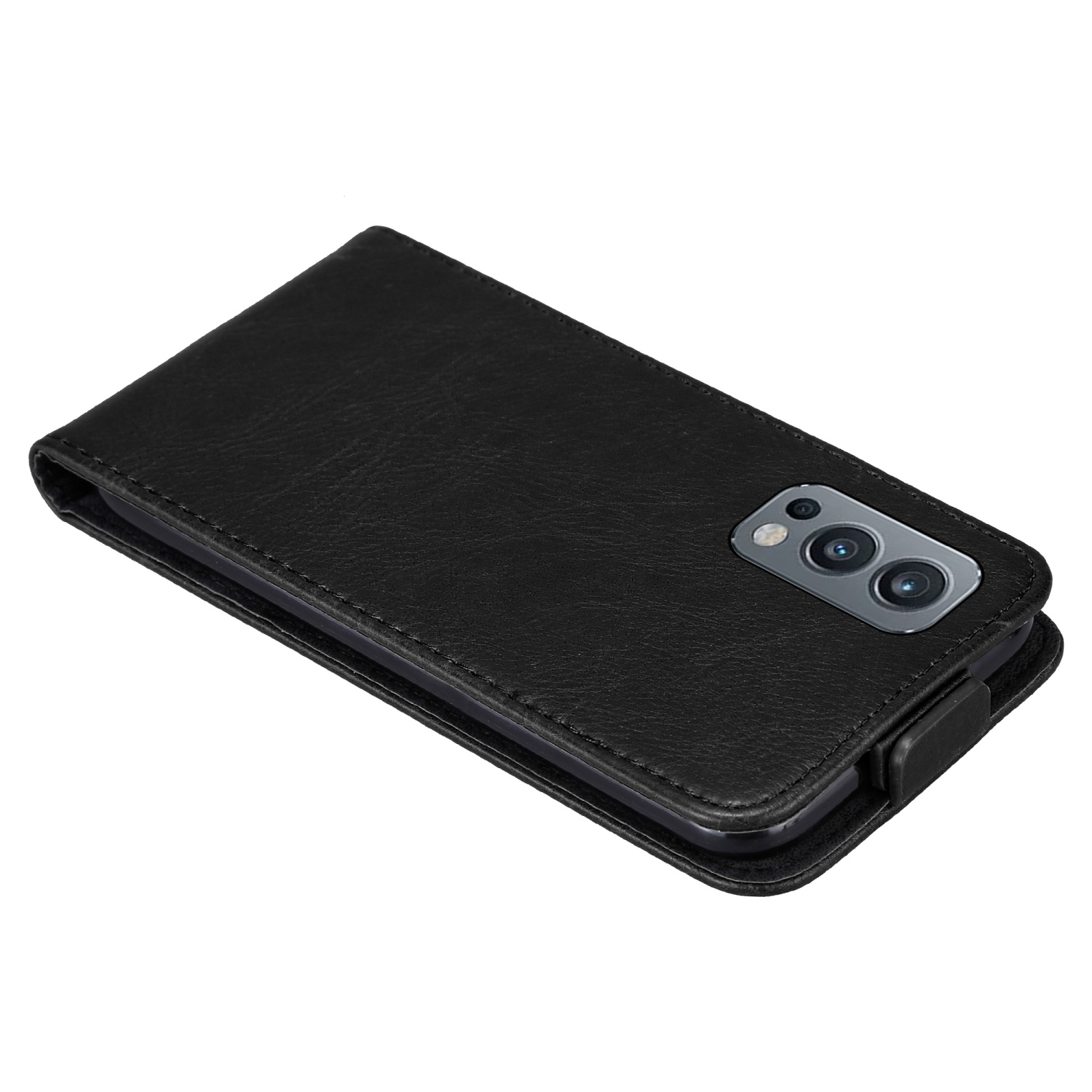 Schwarze Handyhülle. Das Telefon ist in der Hülle. Drei Kameralinsen sind hinten.