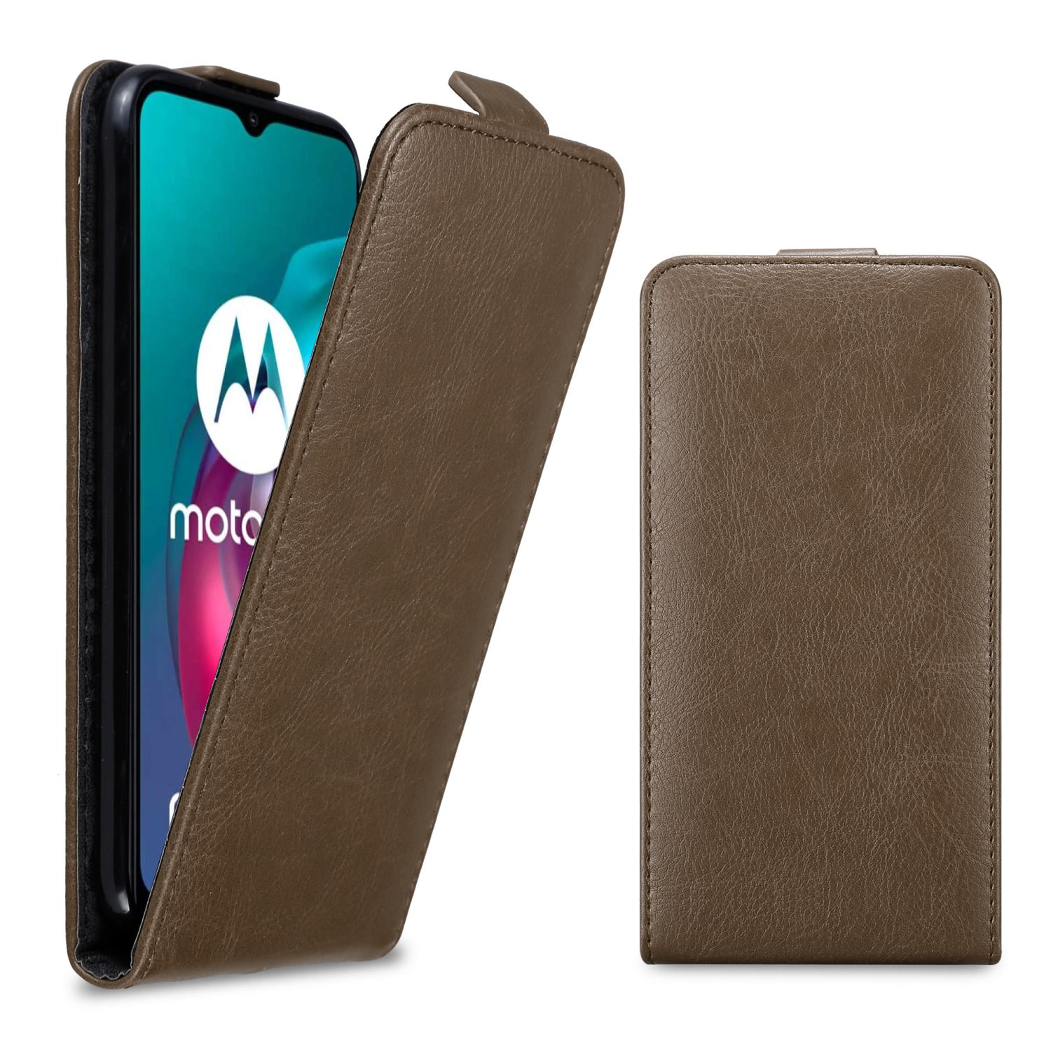 Braune Handyhülle offen mit einem Telefon darin und eine andere geschlossen. Das Telefon hat ein Moto-Logo.