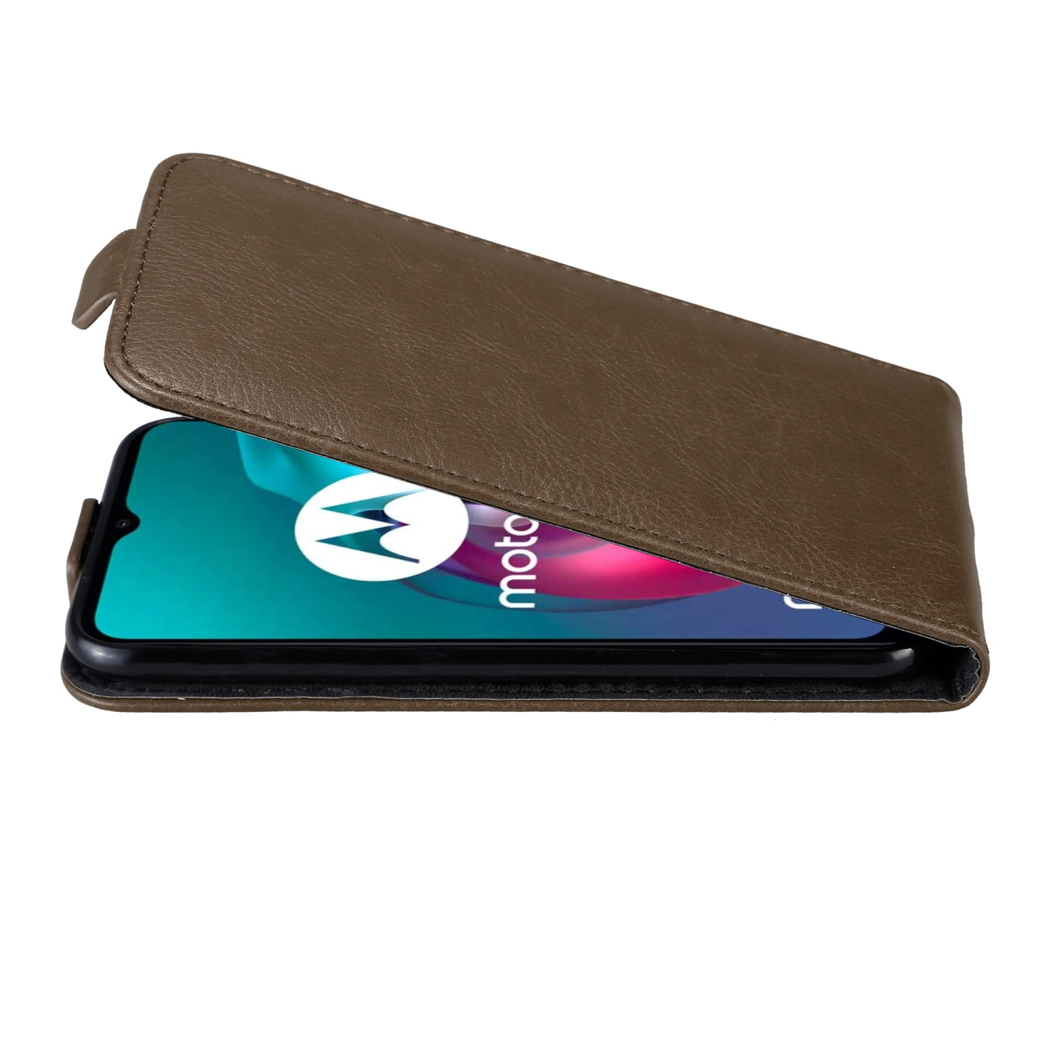 Geöffnete braune Leder-Handyhülle, die ein Telefon mit grünem und blauem Bildschirm zeigt.