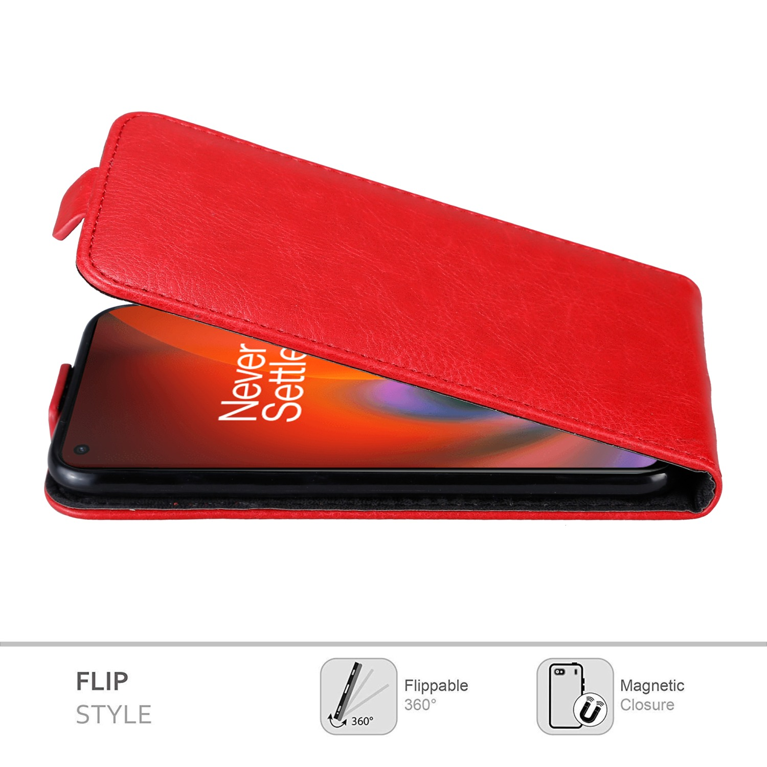 Rote Handyhülle mit Flip-Style offen. Telefon innen, weißer Hintergrund. Text: Flip-Style, Flippable, Magnetverschluss.