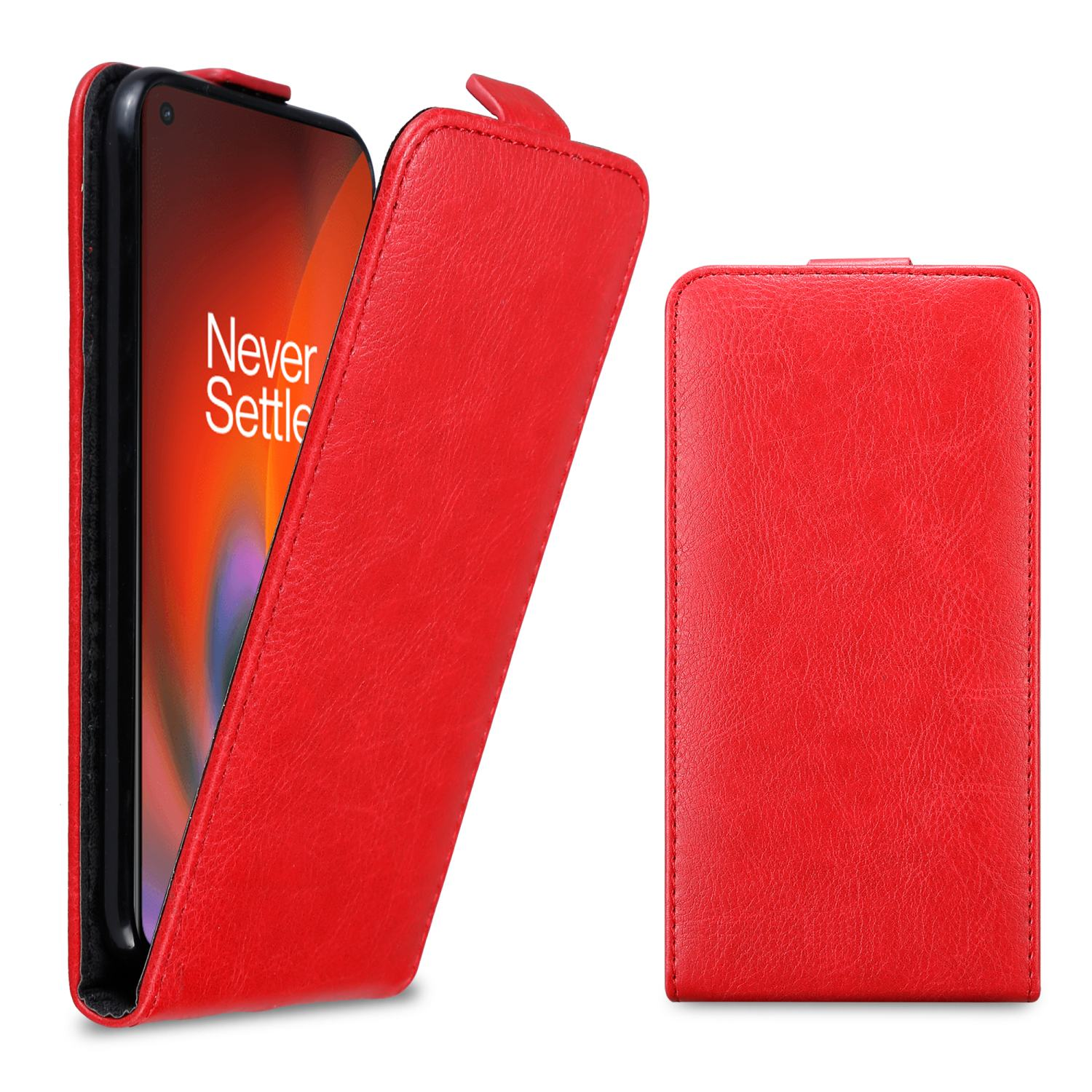 Rote Handyhülle, Telefon innen, zeigt Vorderseite und offene Hülle.