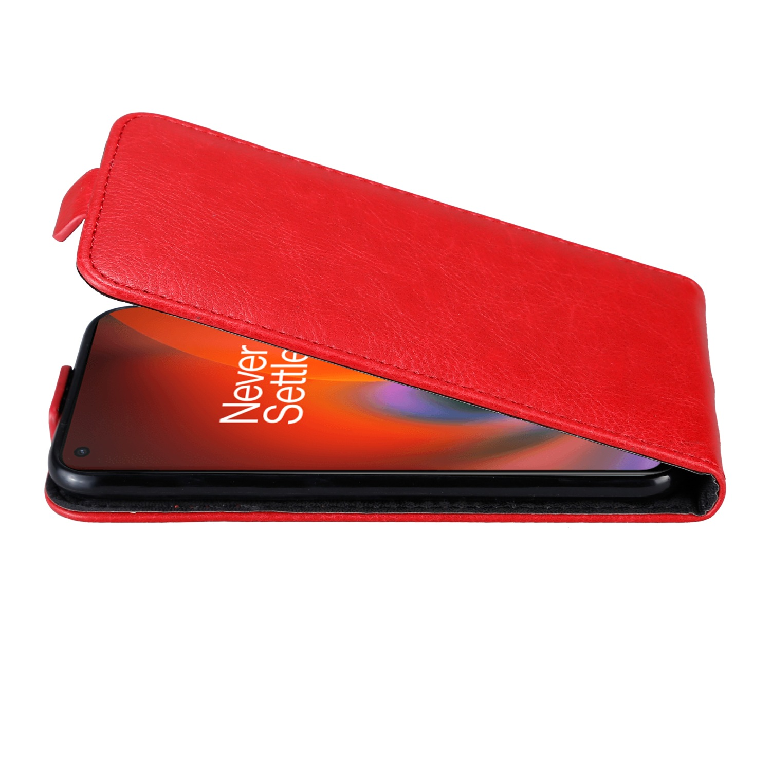 Rote Handyhülle, offen, mit Telefon innen. Der Bildschirm des Telefons wird angezeigt.
