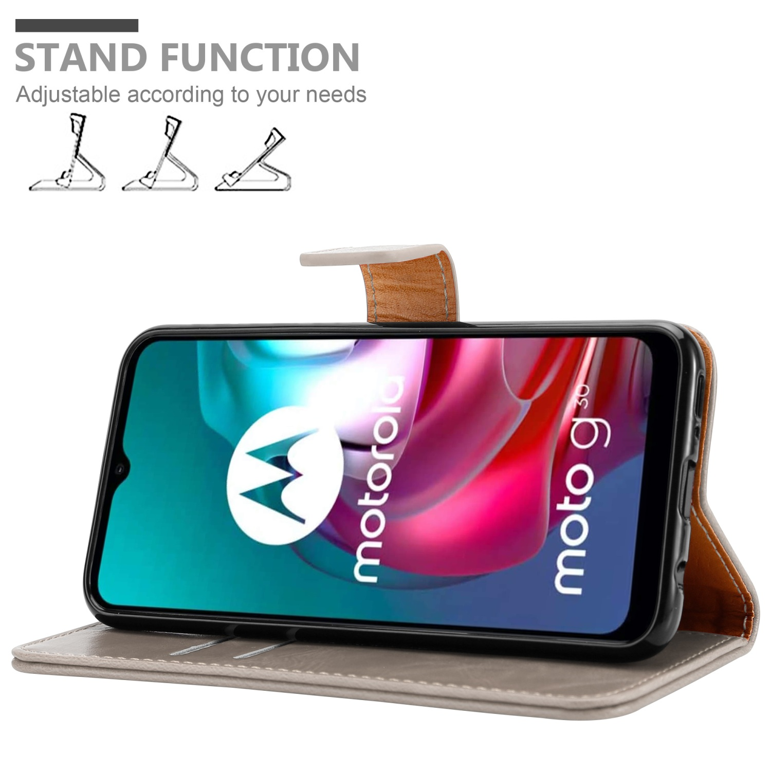 Custodia per telefono grigia con logo Motorola sullo schermo. Funzione stand. Interno in pelle marrone.