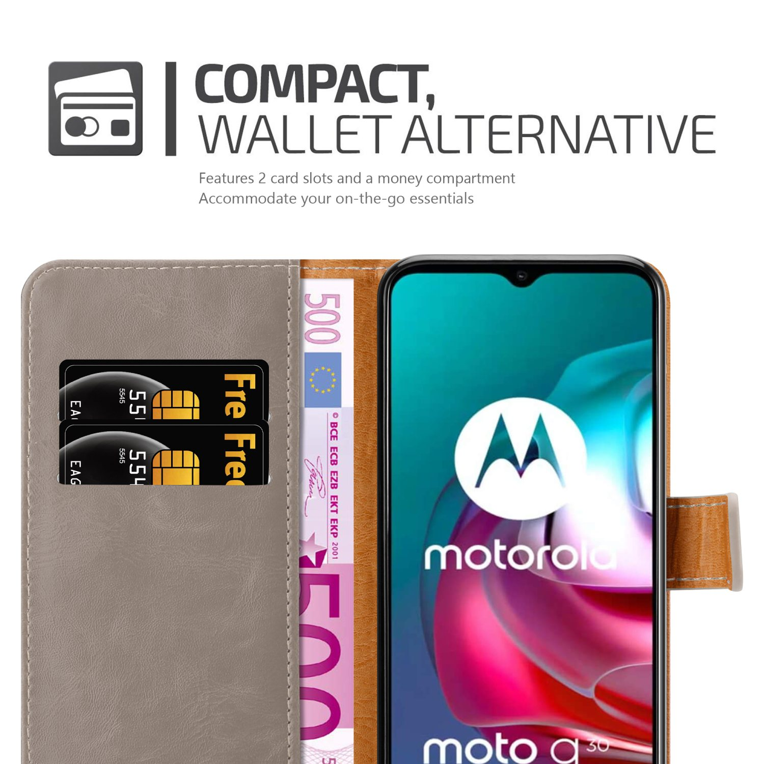 Custodia aperta che rivela carte e denaro. Il telefono mostra il logo Motorola.