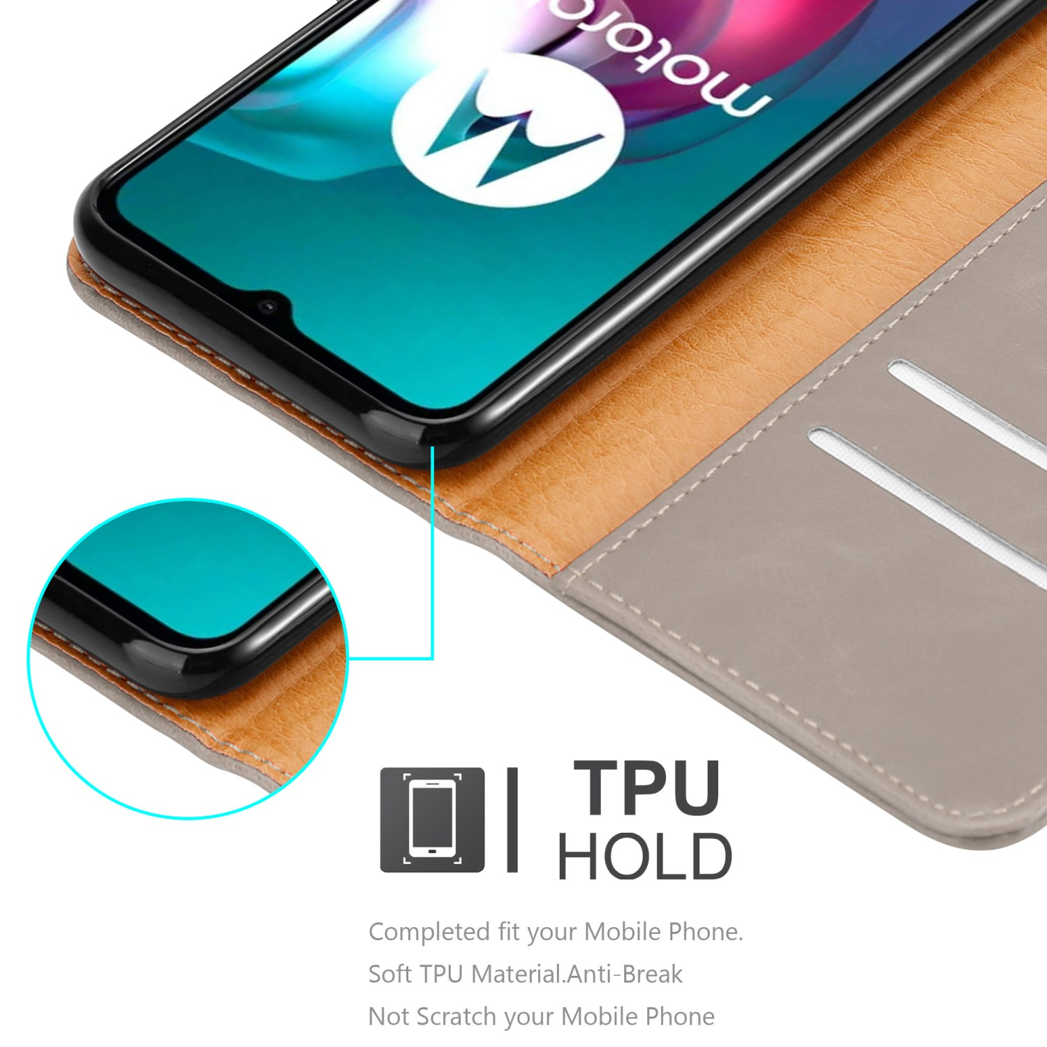 Custodia per telefono con telefono all'interno. La custodia è grigia e ha un interno marrone. Il telefono è nero. Logo Motorola visibile.