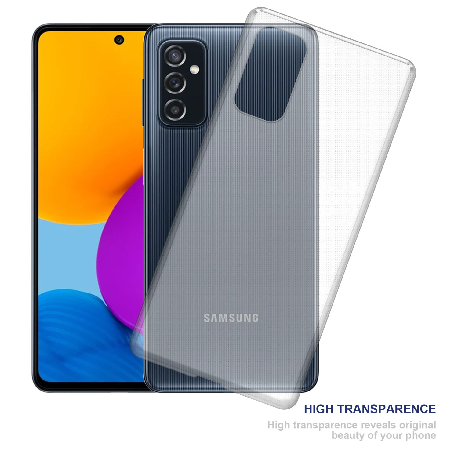Handyhülle mit durchsichtigem Rücken, Telefon innen. Das Telefon ist schwarz. Die Hülle zeigt ein Samsung-Logo.