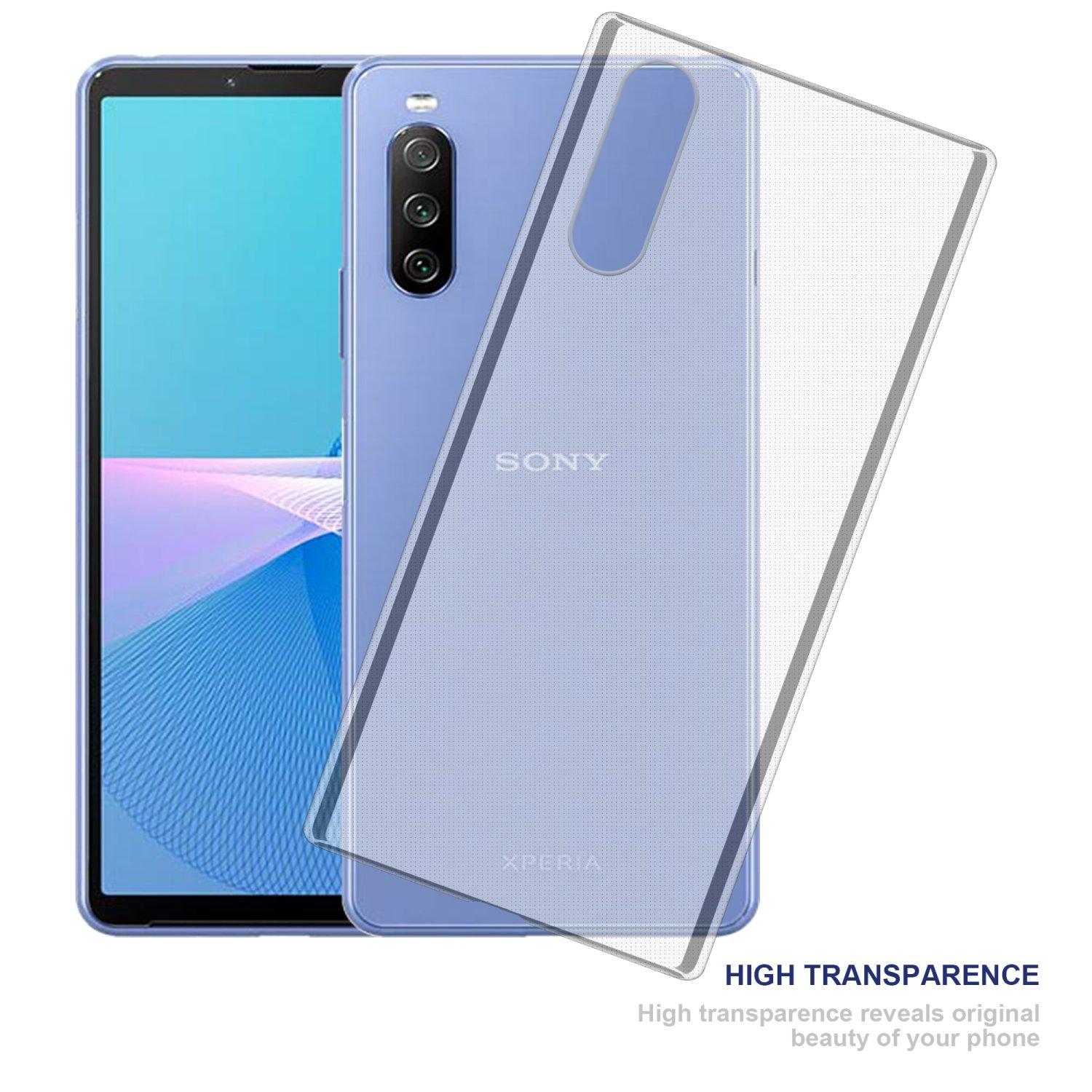 Telefono Sony blu con una cover trasparente. Il telefono e la cover su sfondo bianco.