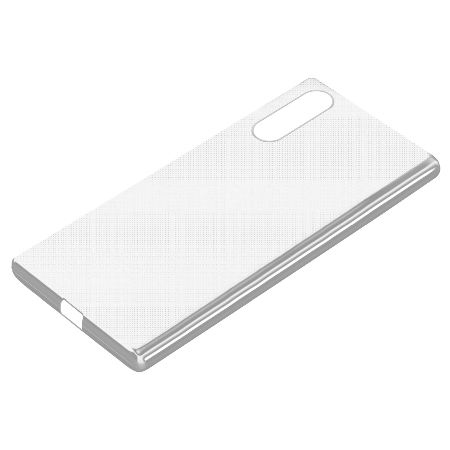 Una custodia per telefono bianca e liscia su sfondo bianco. La custodia è vuota.