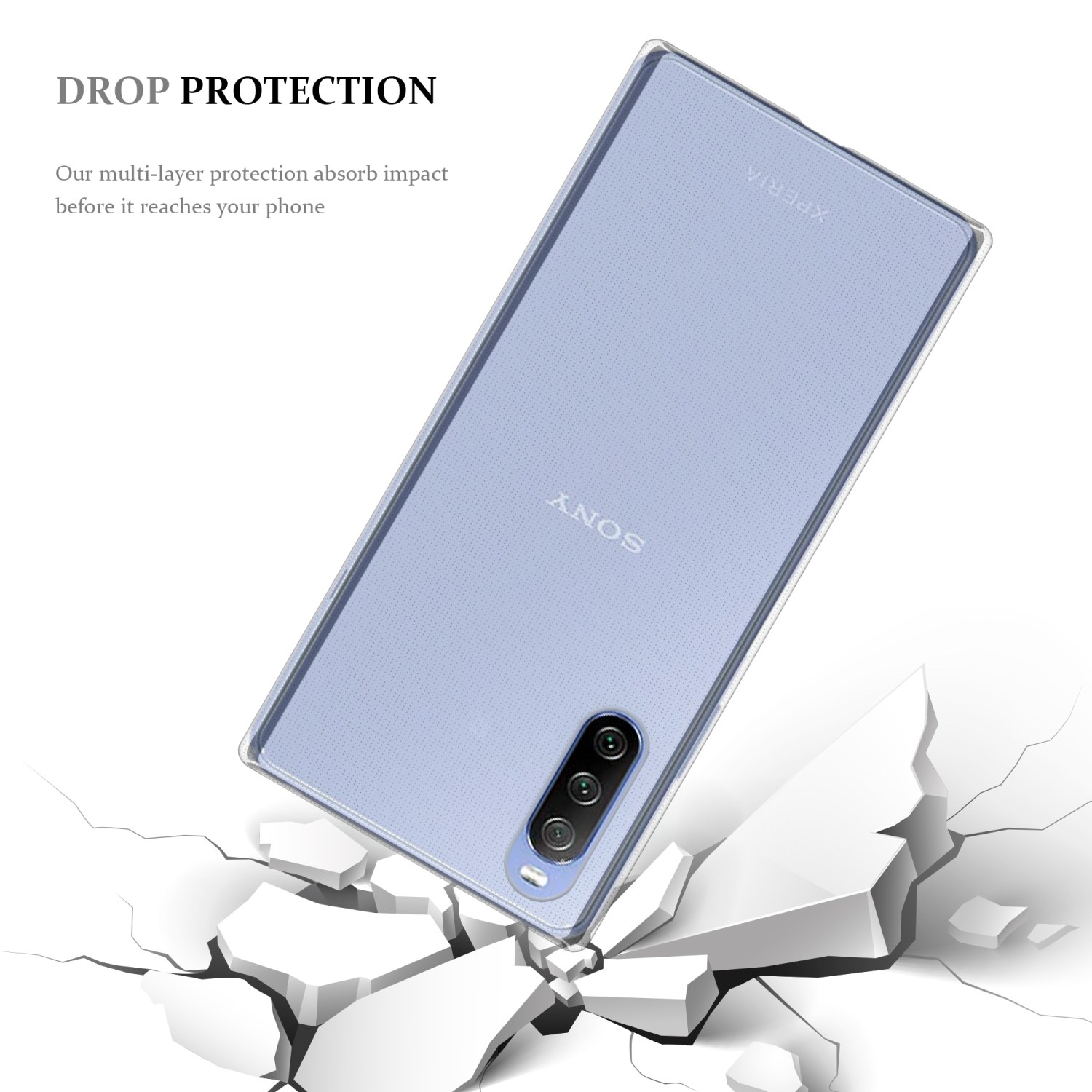 Un telefono è posizionato su una superficie incrinata. Ha una custodia protettiva trasparente. I marchi ANOS e XPERIA sono visibili.