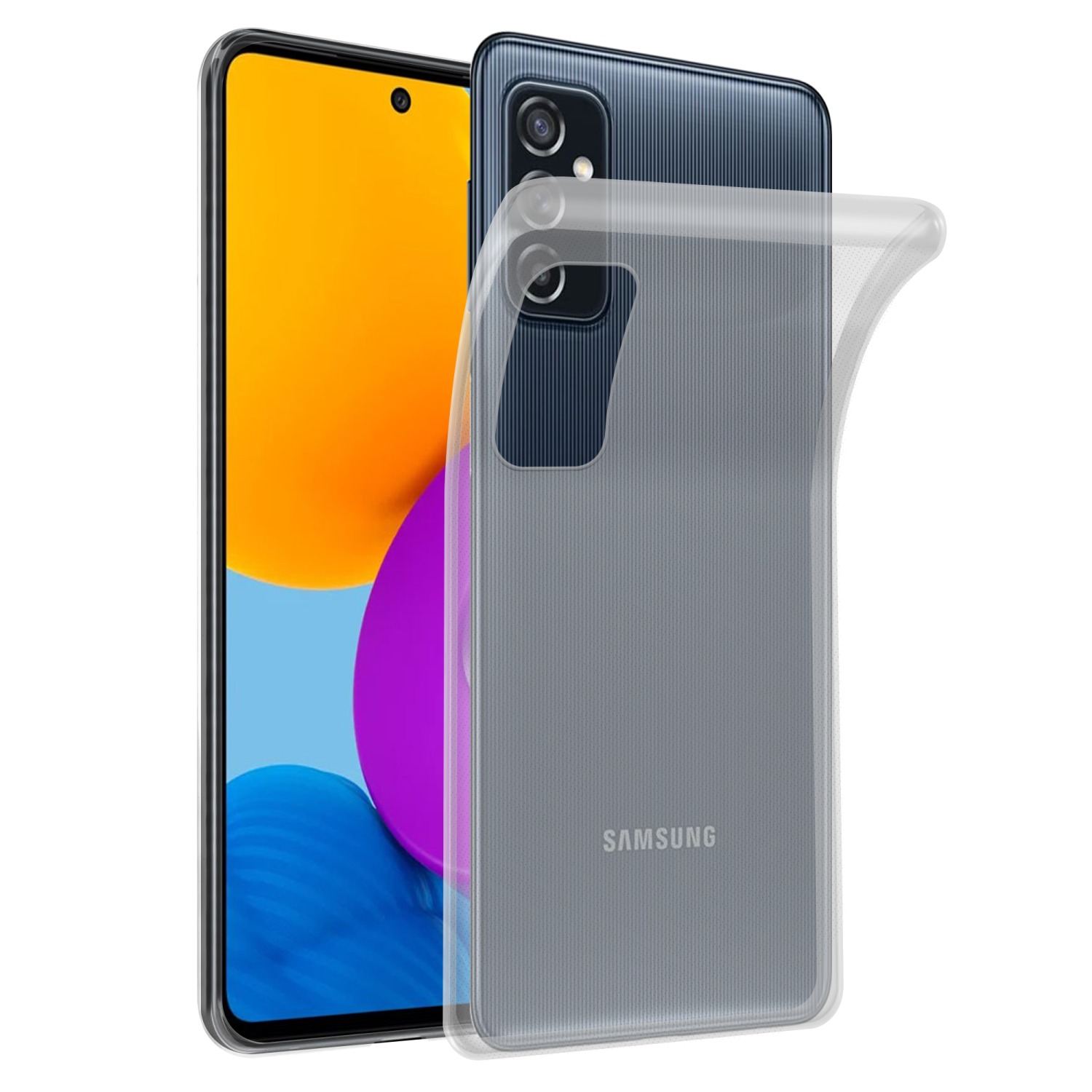 Samsung-Handy mit klarer Hülle. Oranger und violetter Bildschirm, dunkelblauer Rücken. Weißer Hintergrund.