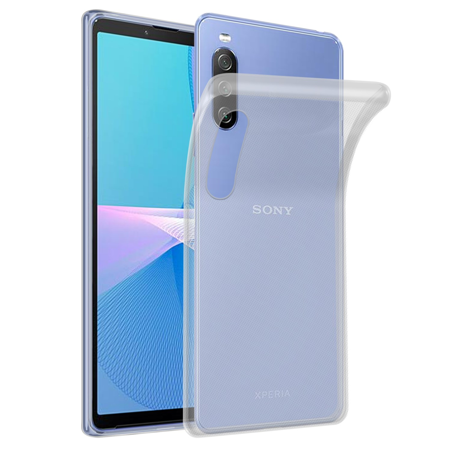 Custodia per telefono trasparente sopra un telefono blu, con il logo Sony visibile, su sfondo bianco.