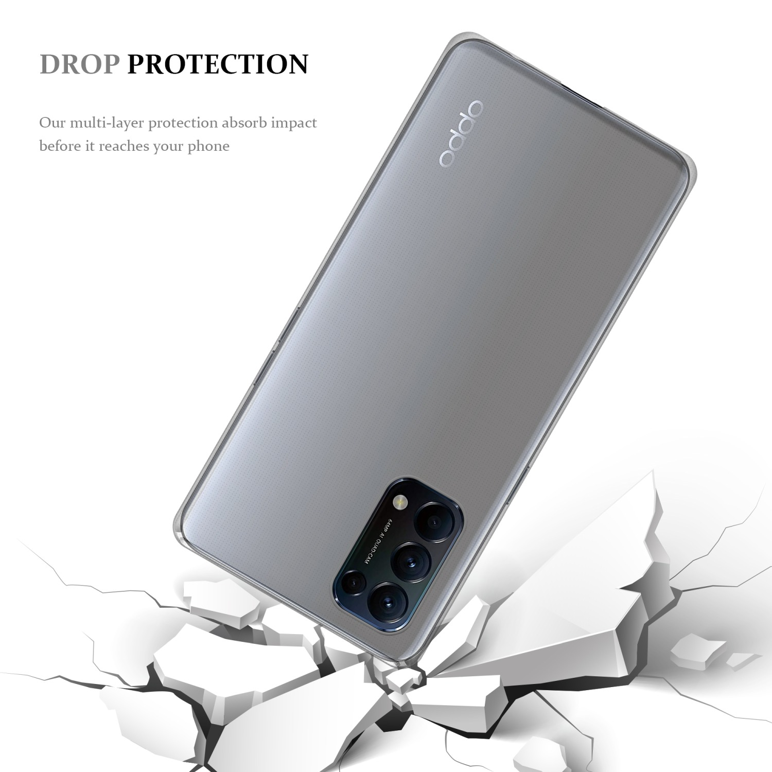 Telefon liegt auf weißer Oberfläche, weiße Bruchstücke drumherum. Das Telefon befindet sich in einer transparenten Hülle.