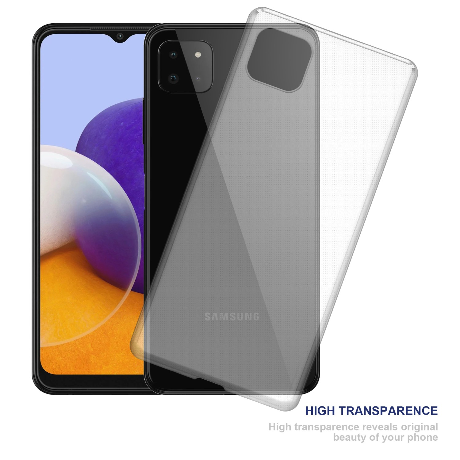 Smartphone con custodia protettiva trasparente. Lo schermo del telefono è visibile, mostrando il suo design.