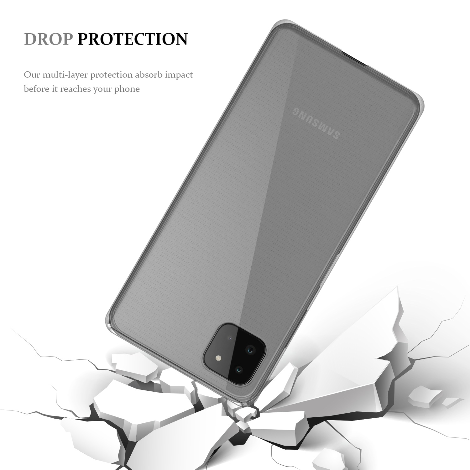 Custodia che cade su una superficie rotta. Custodia grigia trasparente. Testo 'Drop Protection' sopra.