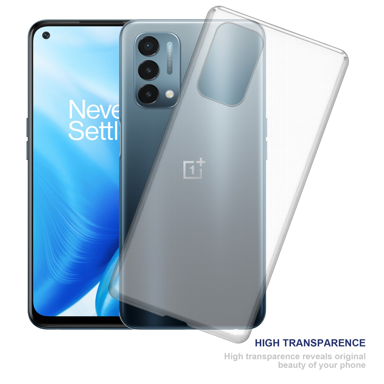 Un telefono con una custodia trasparente sopra. Il telefono è blu e c'è una custodia trasparente sopra.