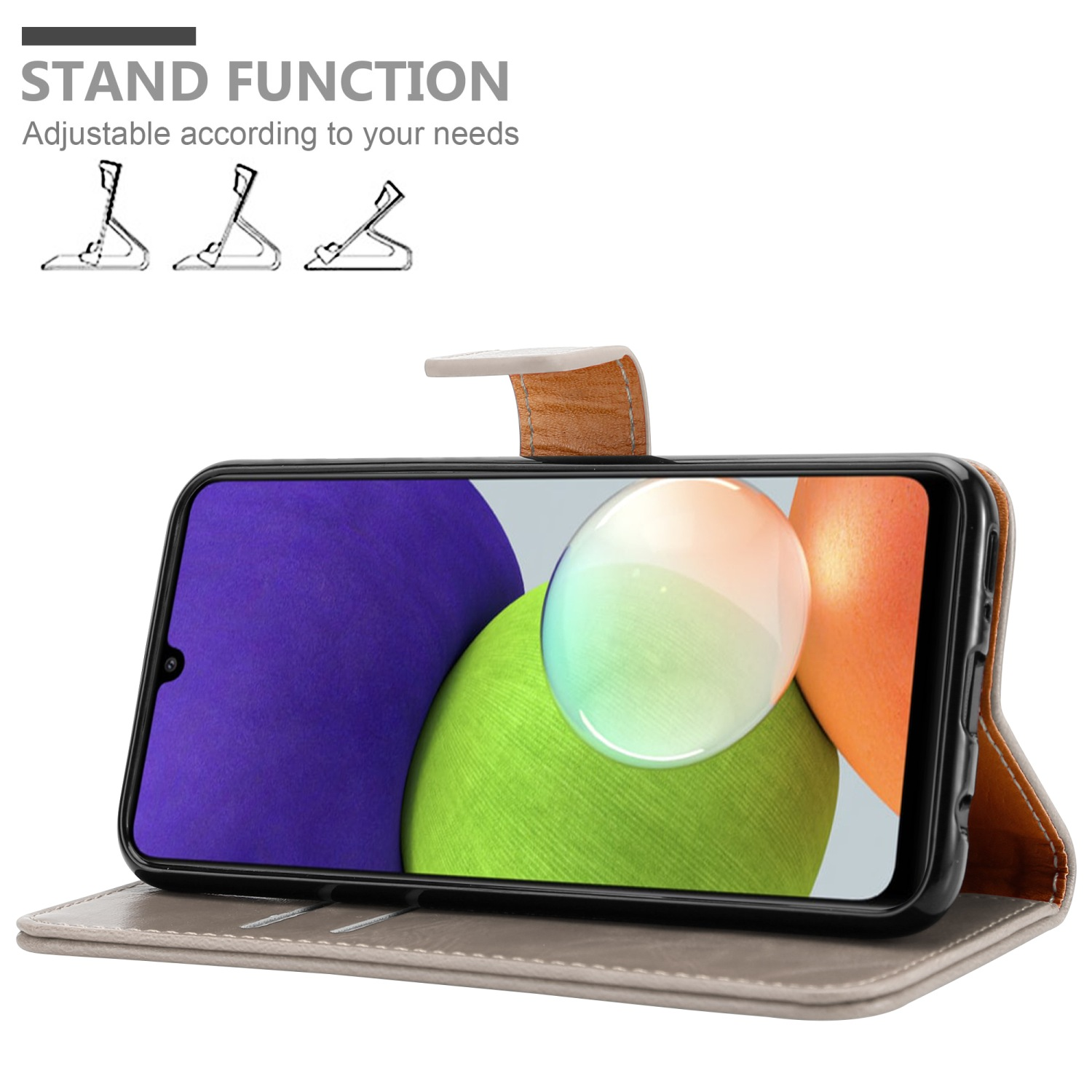 Telefono in una custodia con supporto. Testo: FUNZIONE STAND, Regolabile in base alle tue esigenze.