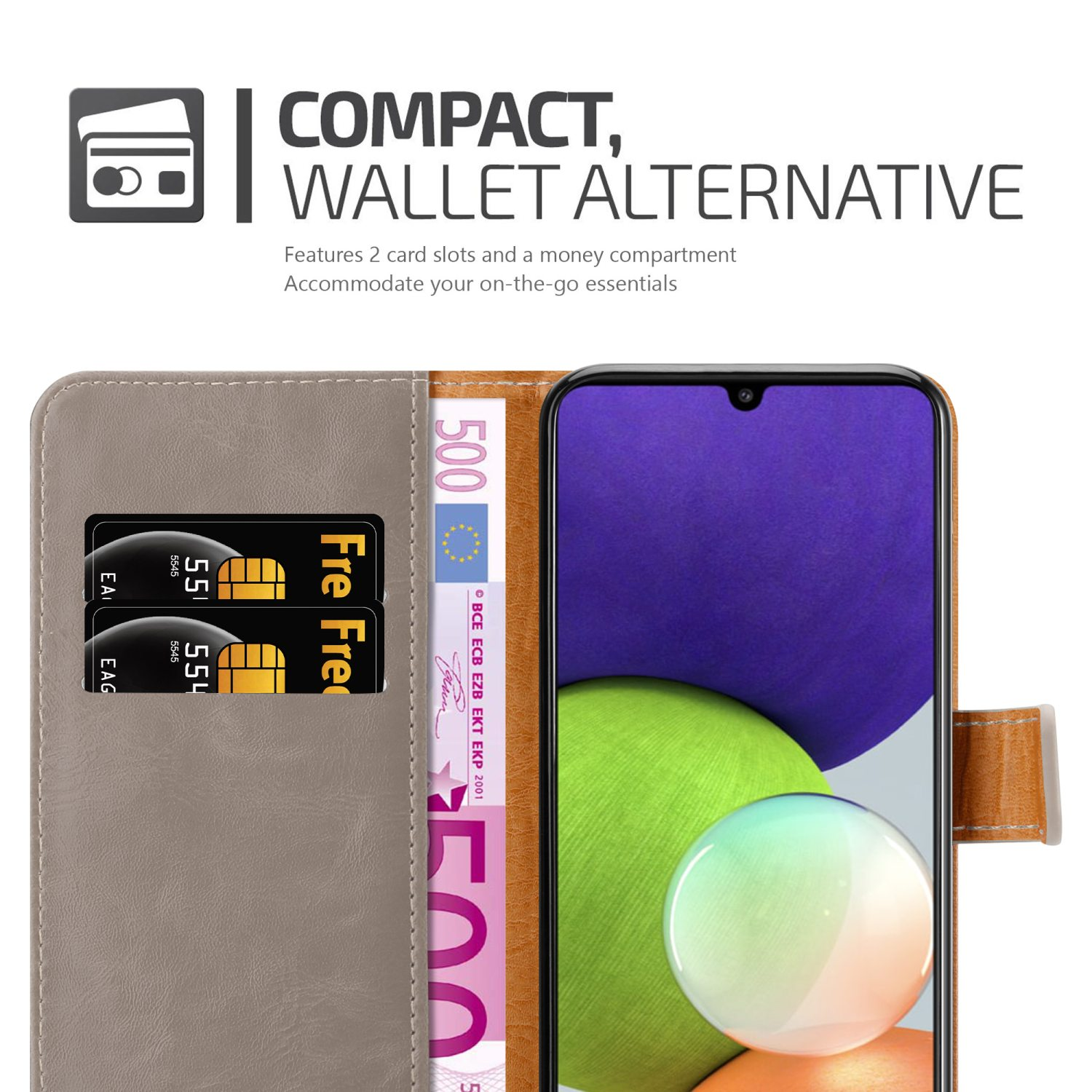 Custodia per telefono con slot per carte e denaro. Testo ALTERNATIVA PORTAFOGLIO COMPATTO visibile.