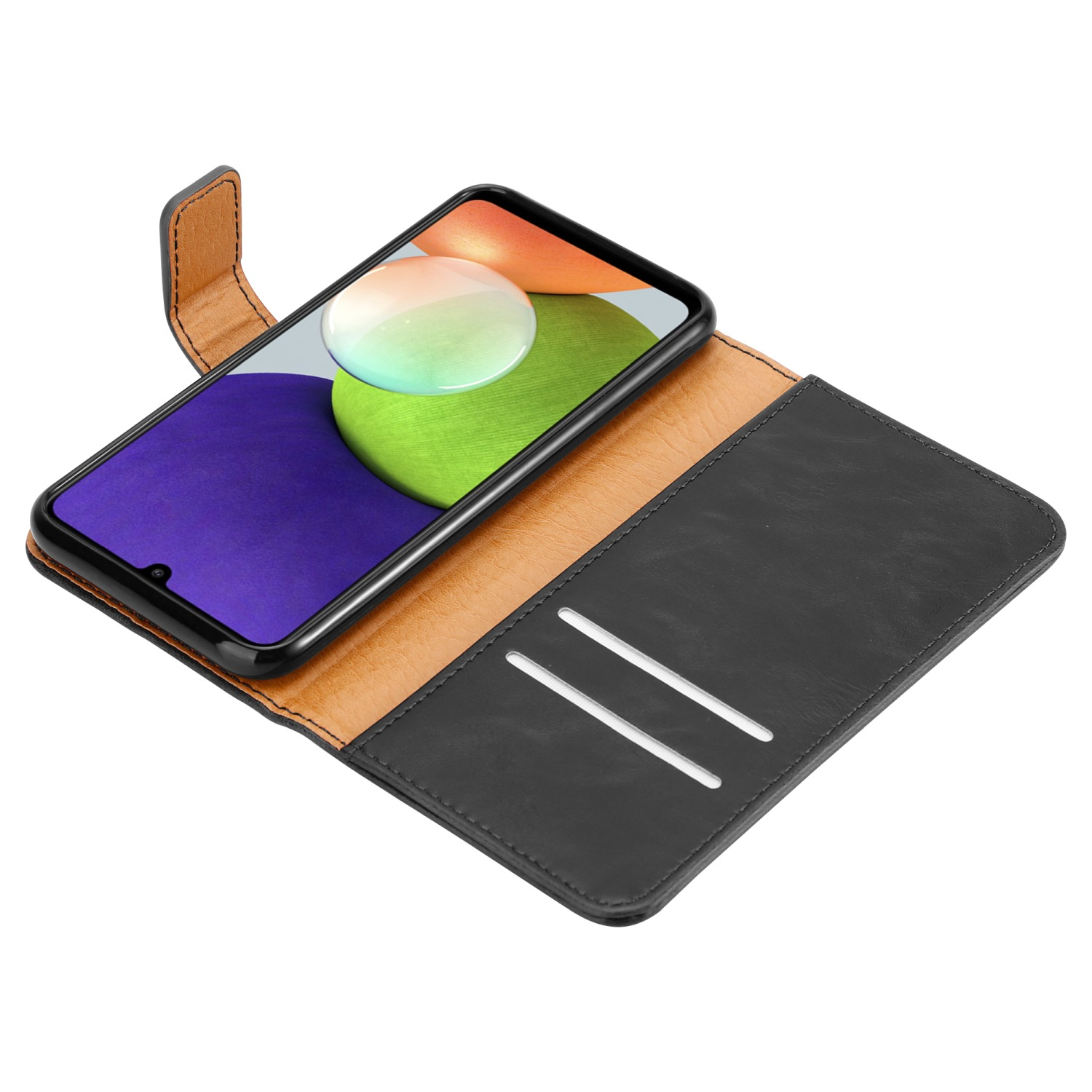 Custodia per telefono aperta, che mostra un telefono. La custodia è nera e marrone. Testo: Supporto Apple Pencil.