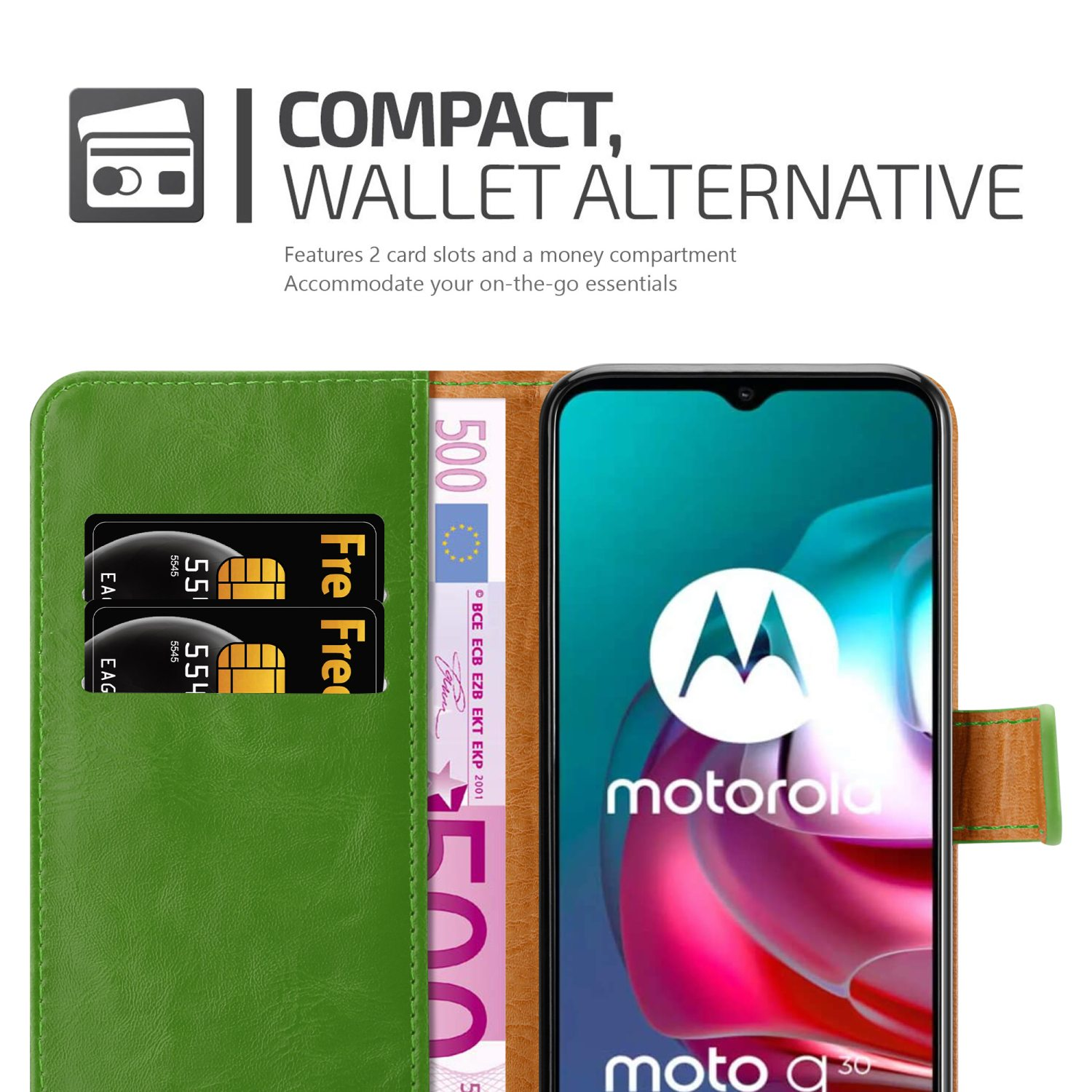 Custodia per telefono verde con slot per carte e denaro. Un telefono all'interno con il logo Motorola.