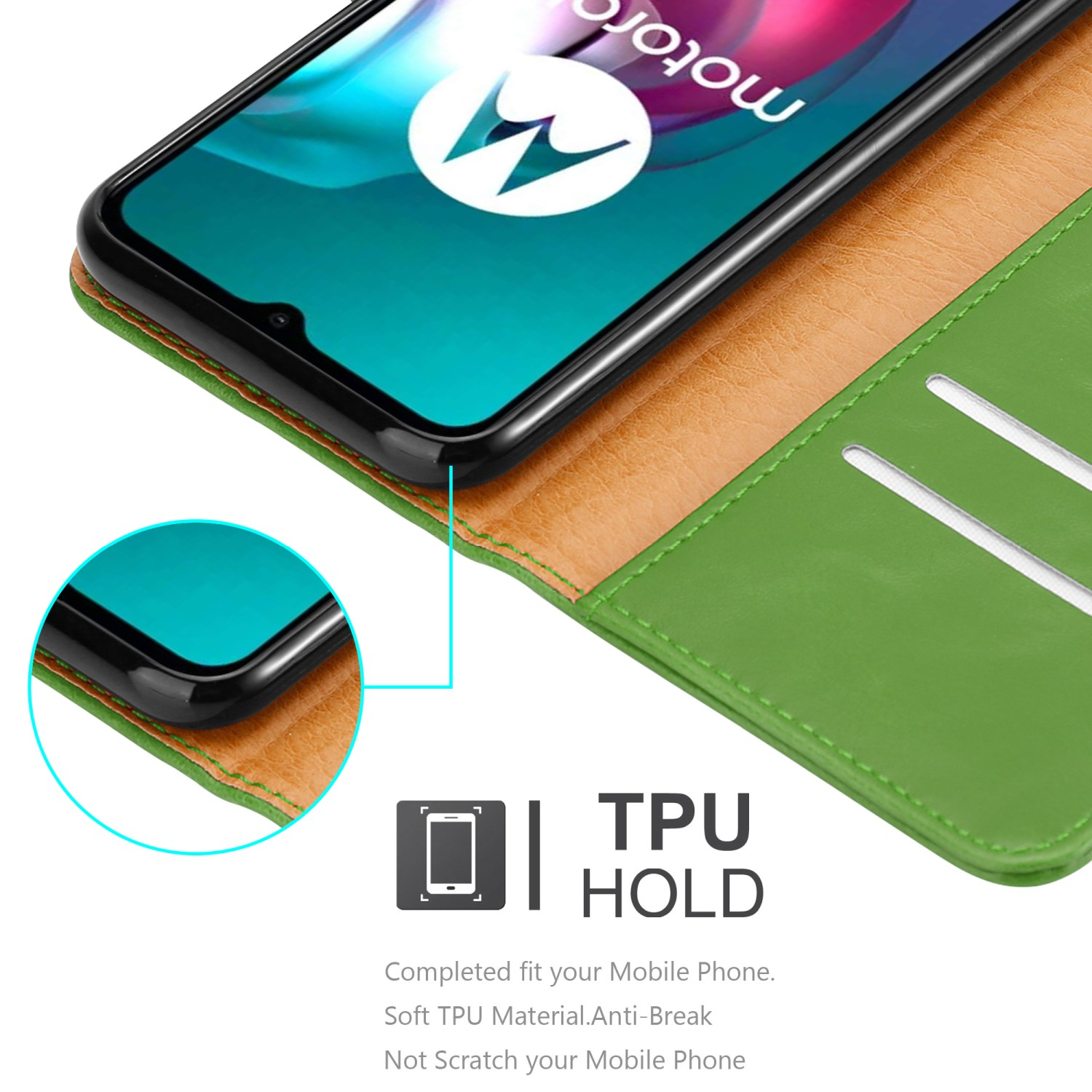 Custodia verde con telefono all'interno. Il telefono mostra 'motorola' e ha un design verde e marrone.