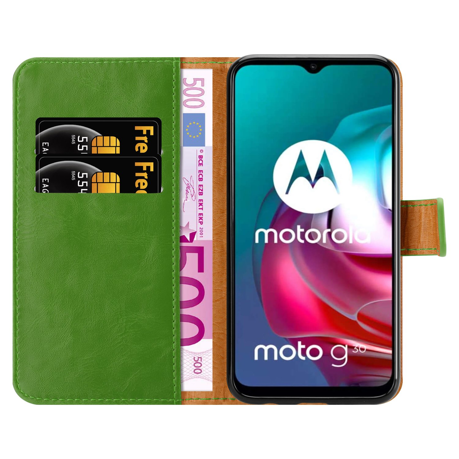 Custodia a portafoglio verde con carte e banconota da 500 euro. Lo schermo del telefono mostra il logo Motorola.